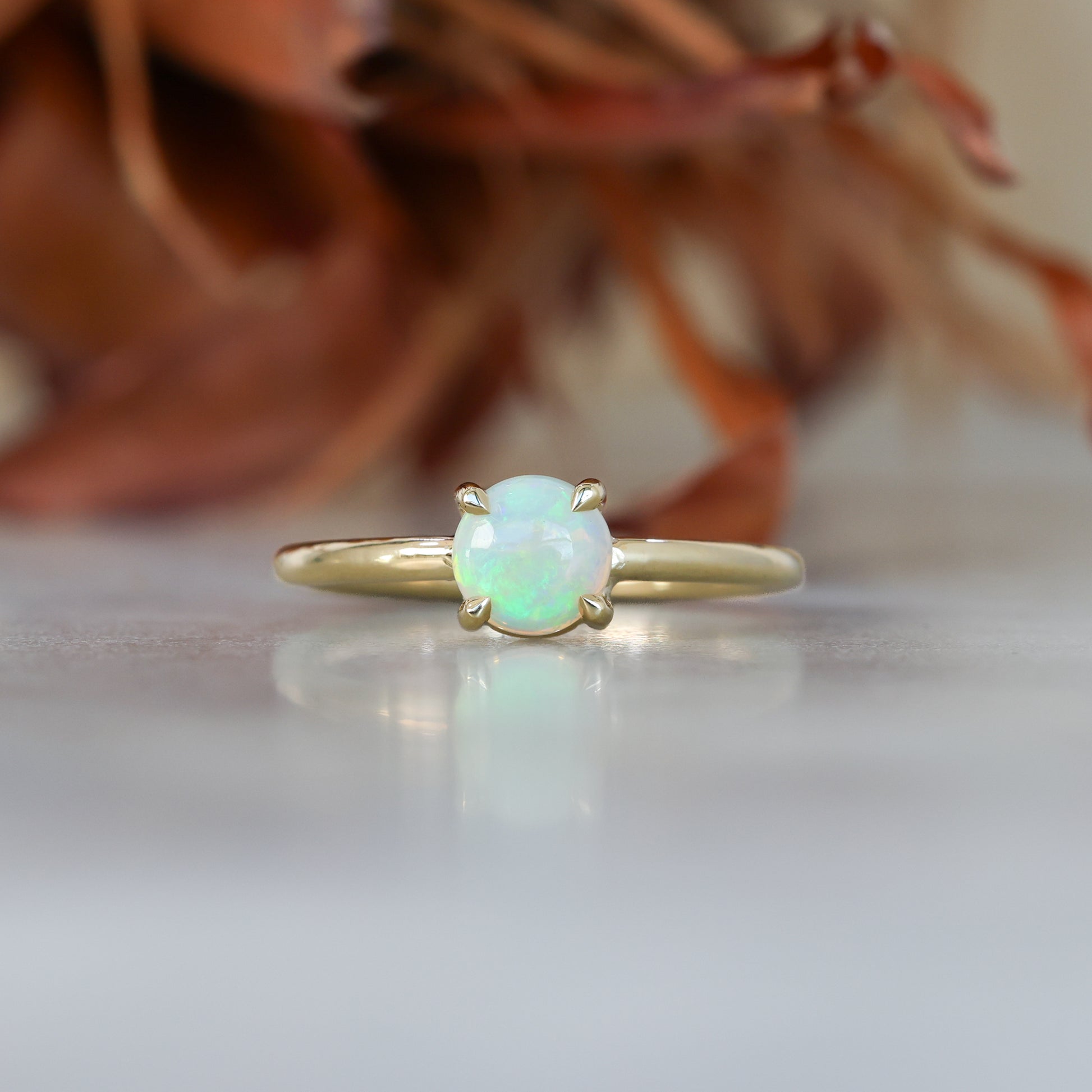 6mm round cut Australian opal ring yellow gold