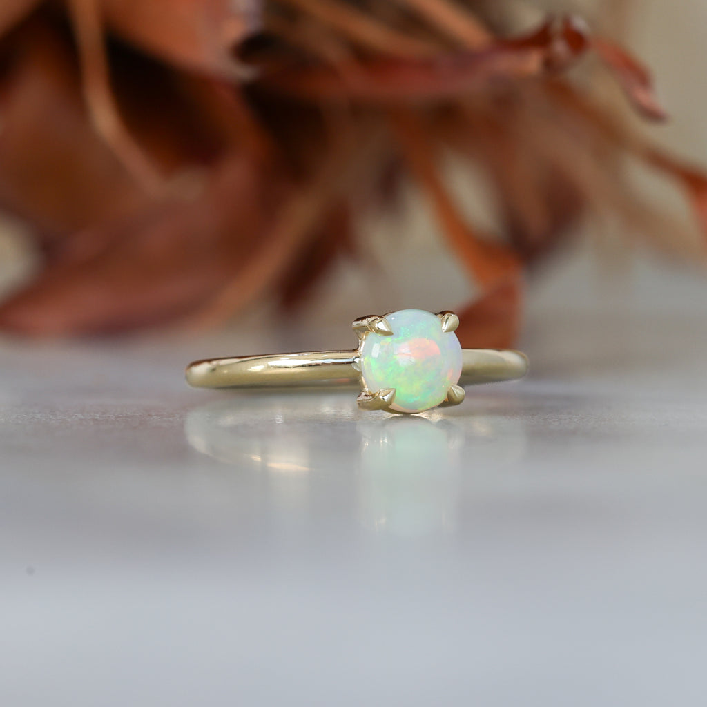6mm round cut Australian opal ring yellow gold