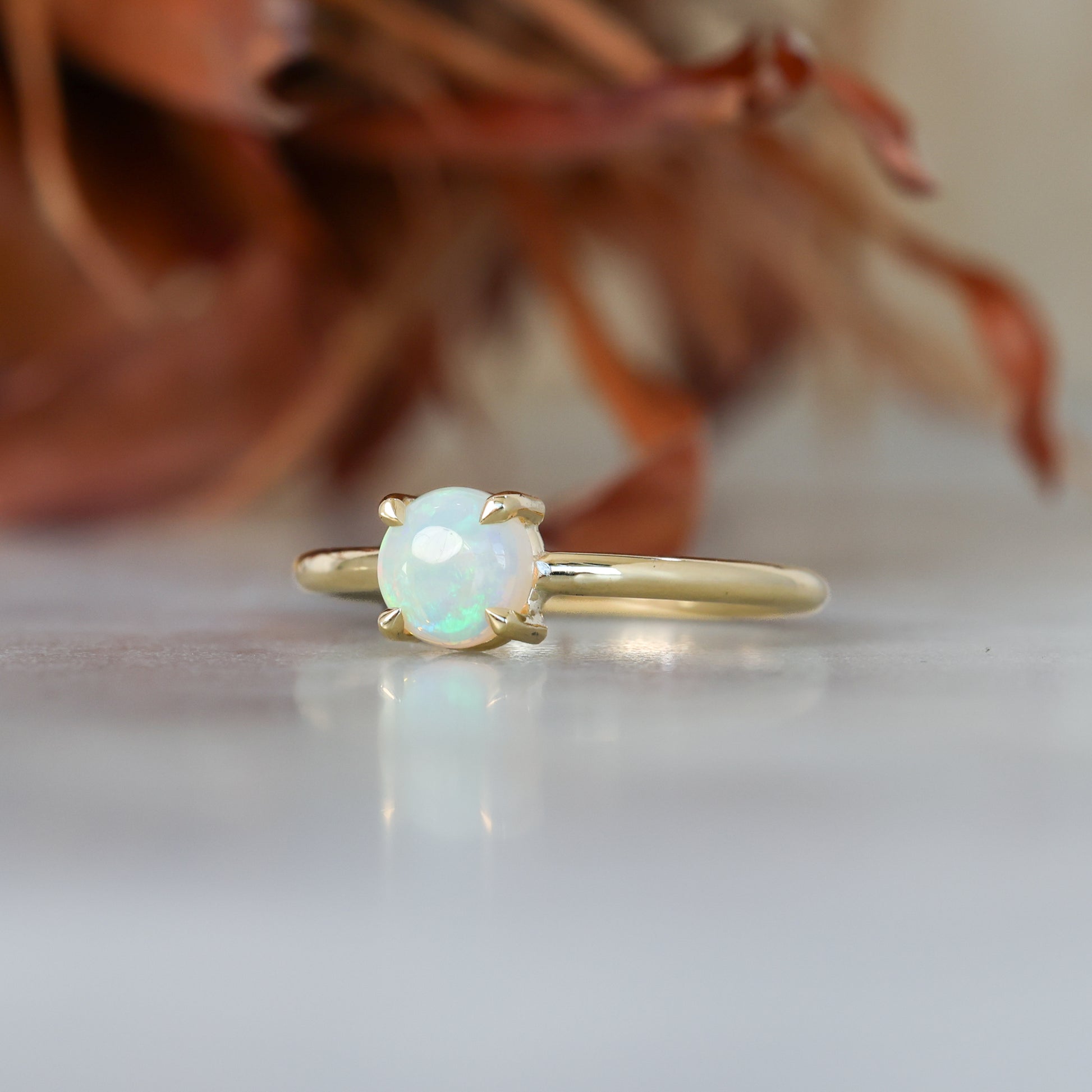 6mm round cut Australian opal ring yellow gold
