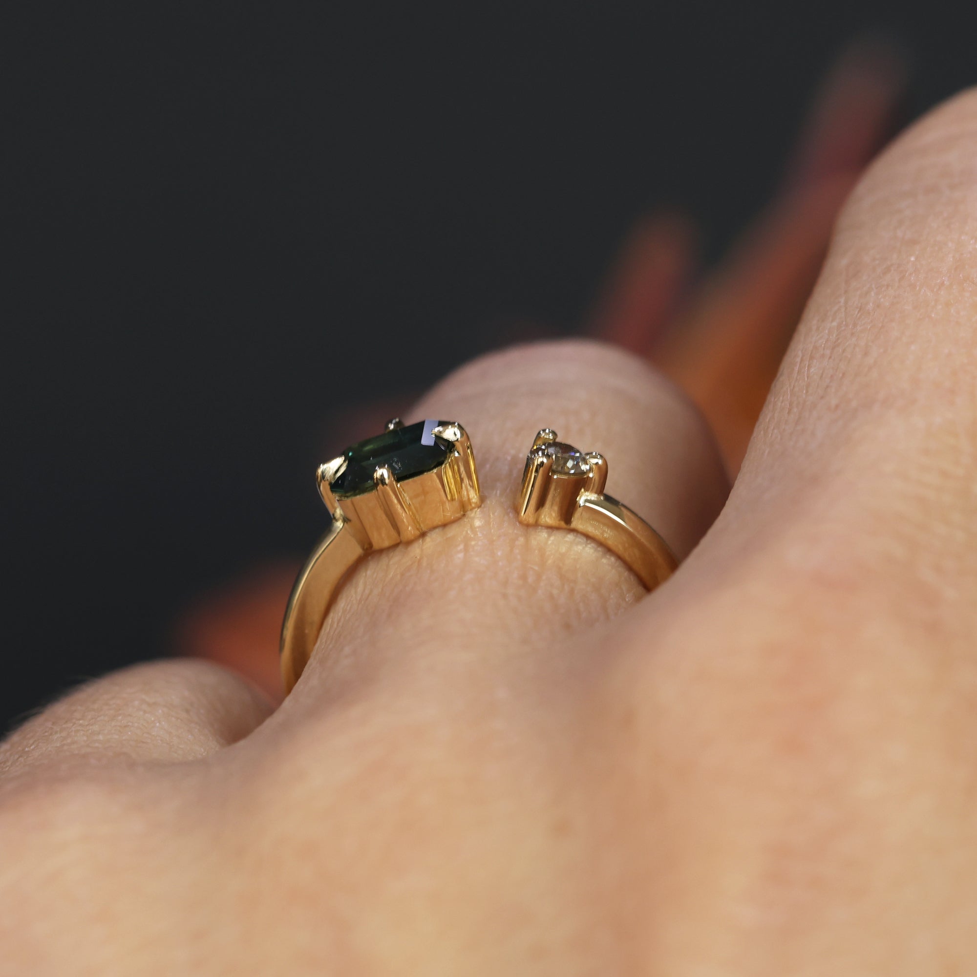 0.95ct Emerald Cut australian parti sapphire and champagne diamond ring