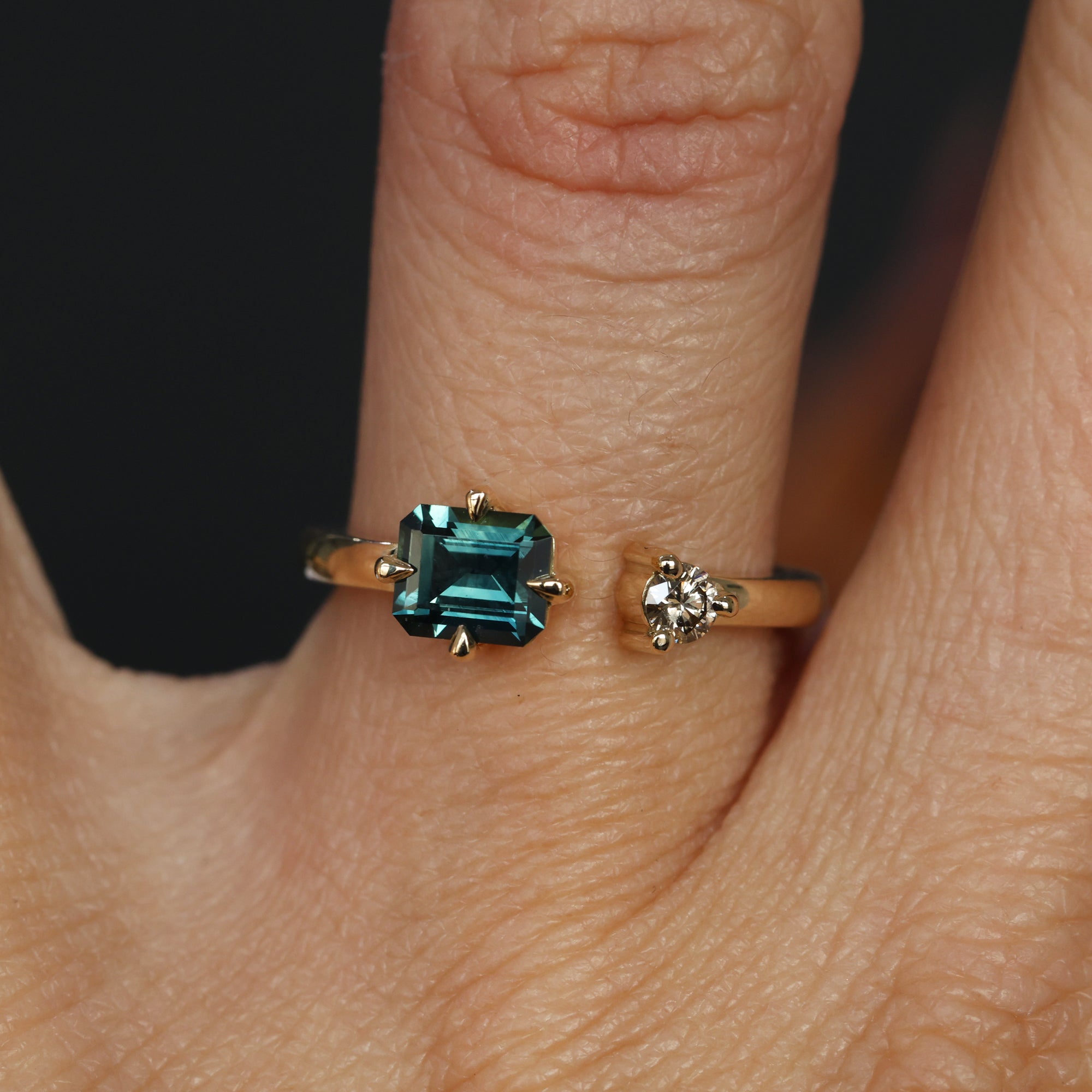 0.95ct Emerald Cut australian parti sapphire and champagne diamond ring