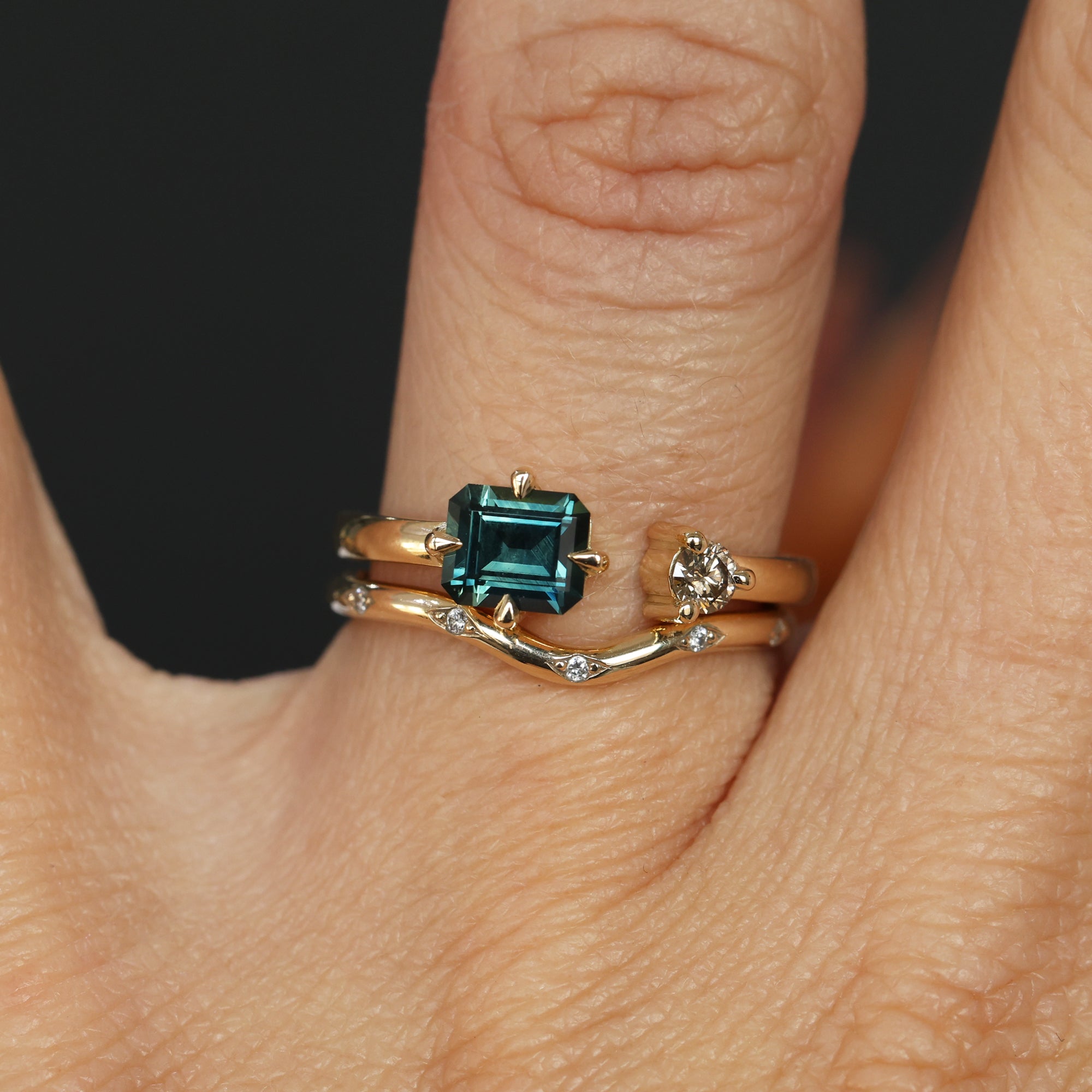 0.95ct Emerald Cut australian parti sapphire and champagne diamond ring