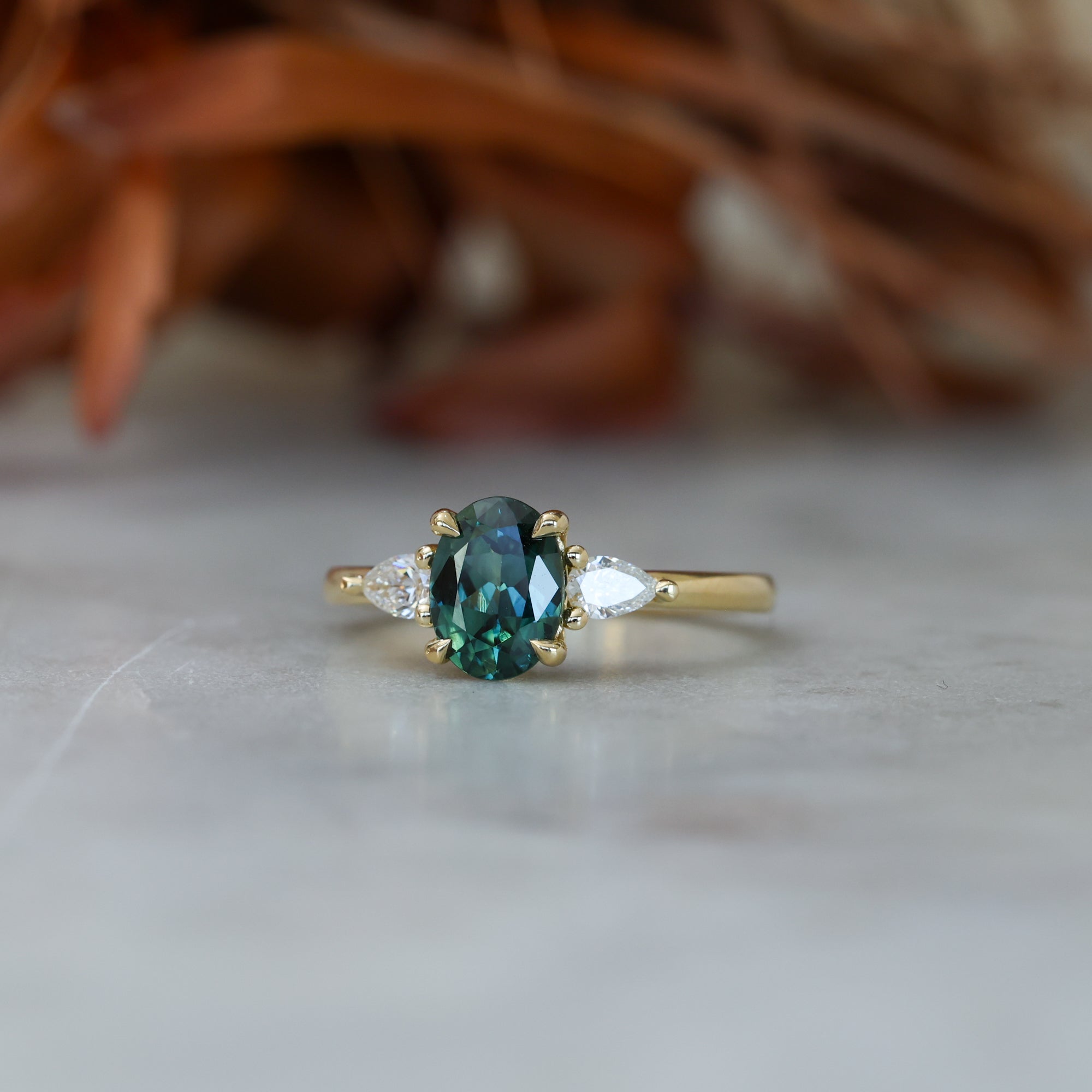 1.31ct Oval Cut australian Parti sapphire and diamond trilogy engagement ring