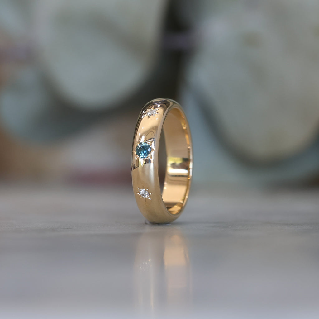Australian Parti Sapphire and Diamond ring profile view