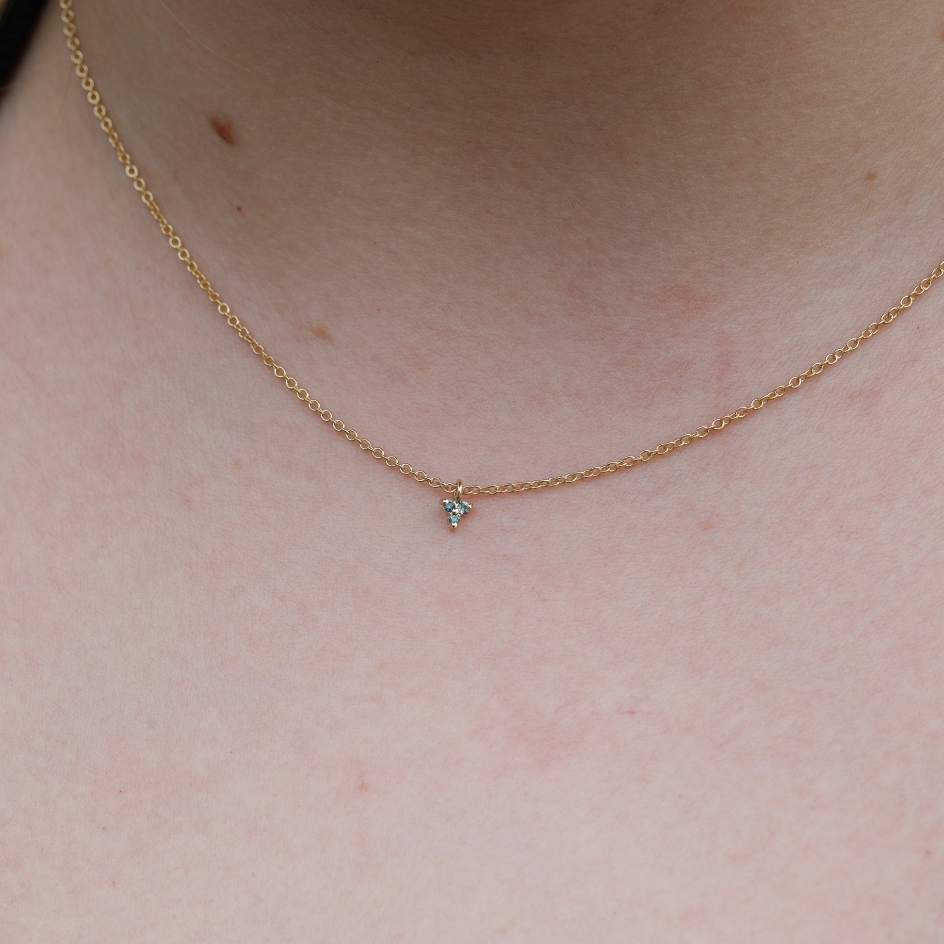 Australian Sapphire trio necklace on neck 