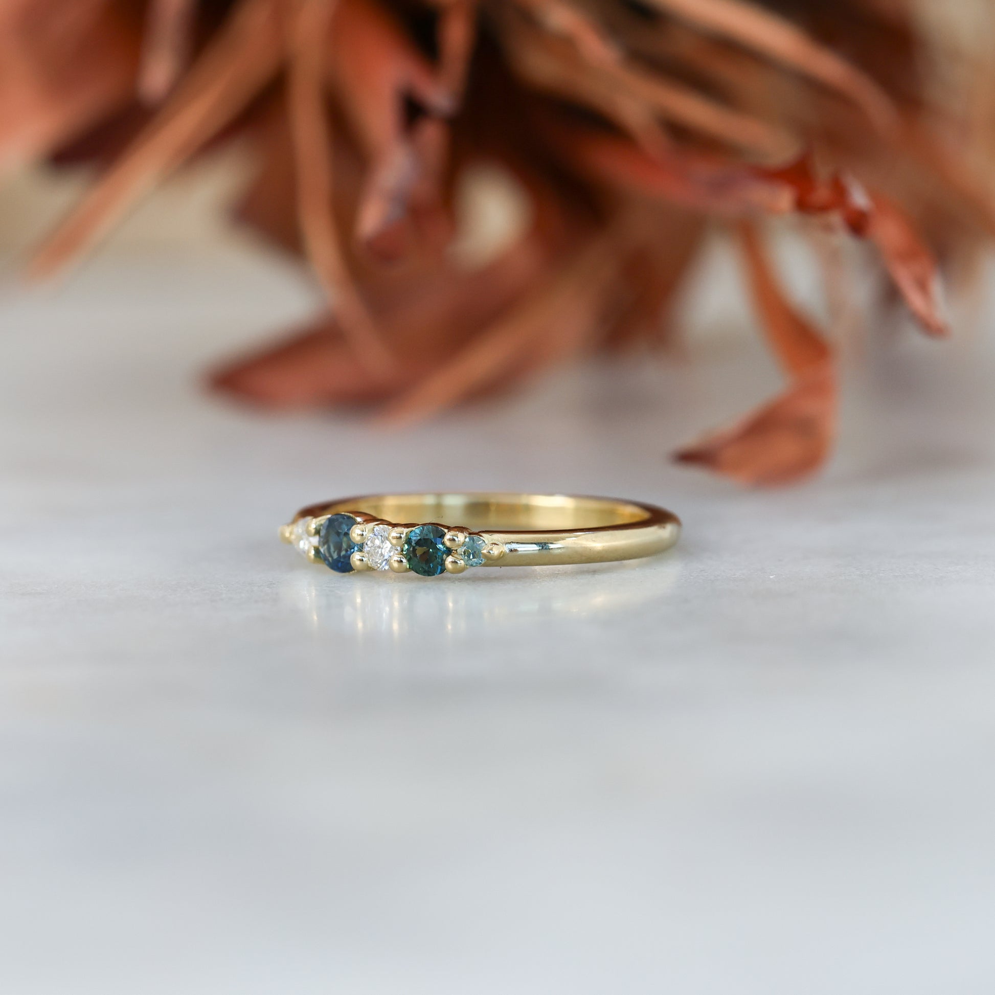 Blue and green Australian Sapphire and diamond fine jewellery ring yellow gold