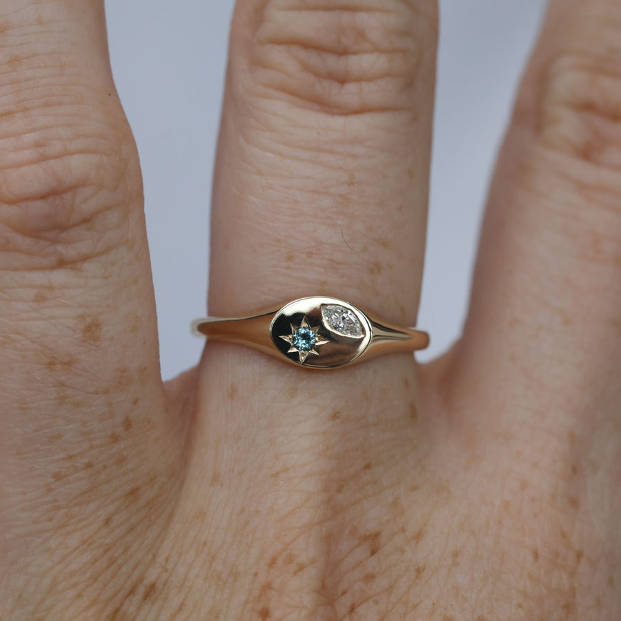 Ellipse star set australian sapphire and diamond signet ring