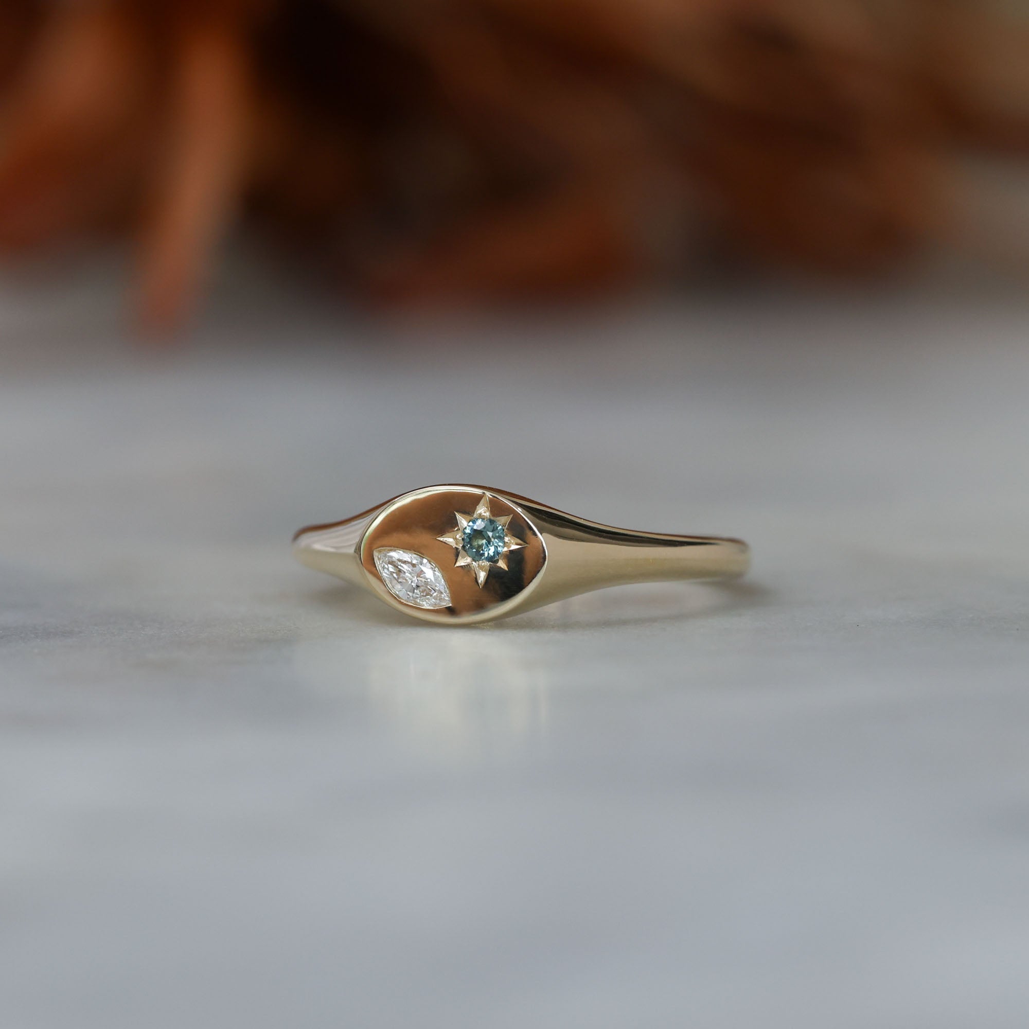 Ellipse star set australian sapphire and diamond signet ring side