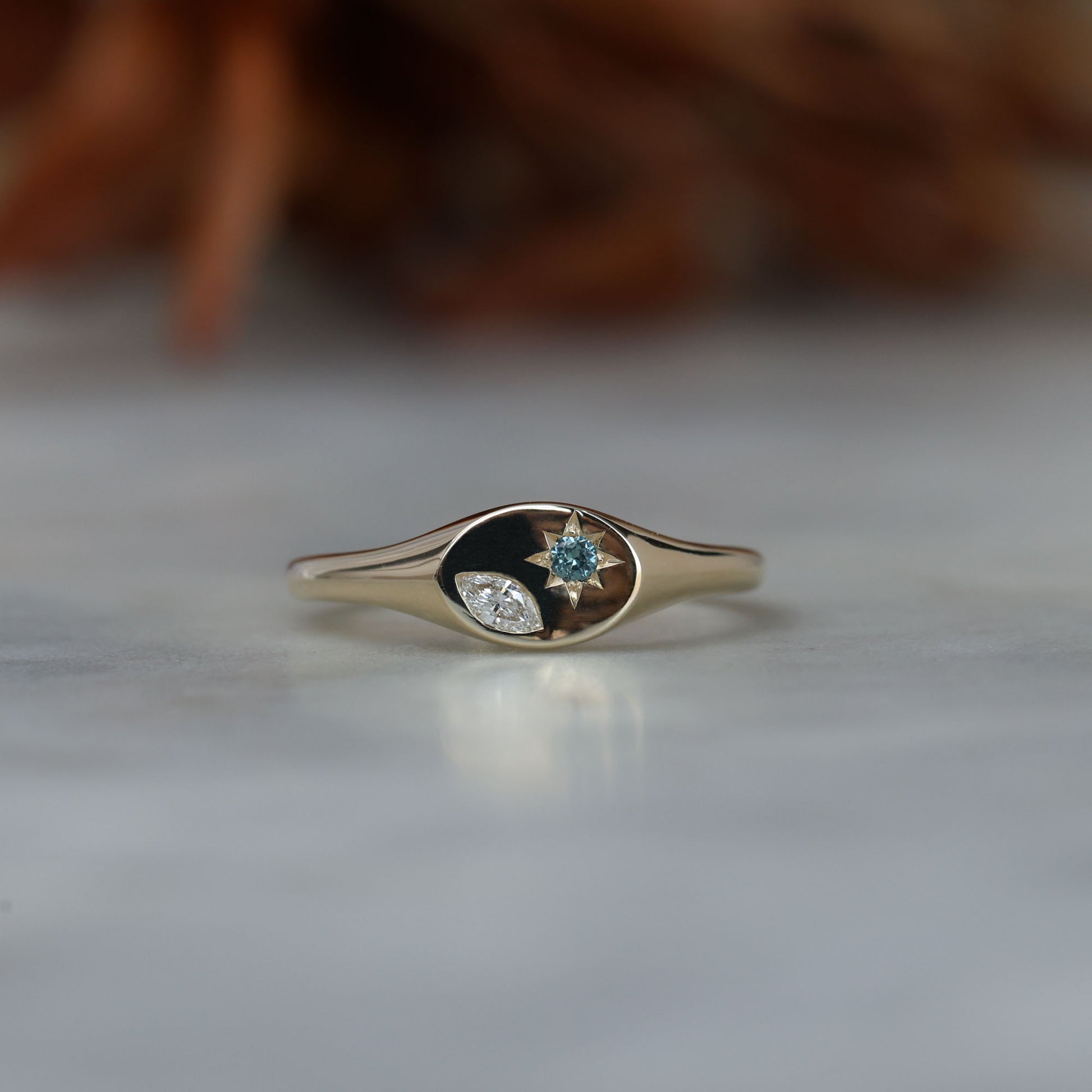 Ellipse star set australian sapphire and diamond signet ring