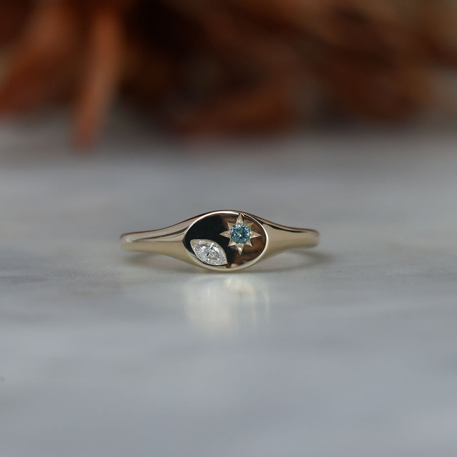 Ellipse star set australian sapphire and diamond signet ring