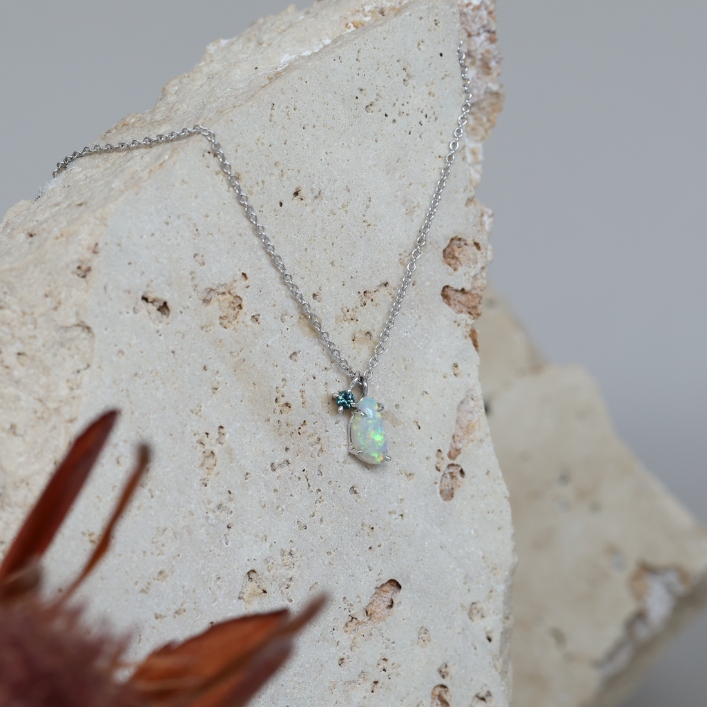 Freeform Opal & Teal Round Cut Sapphire necklace