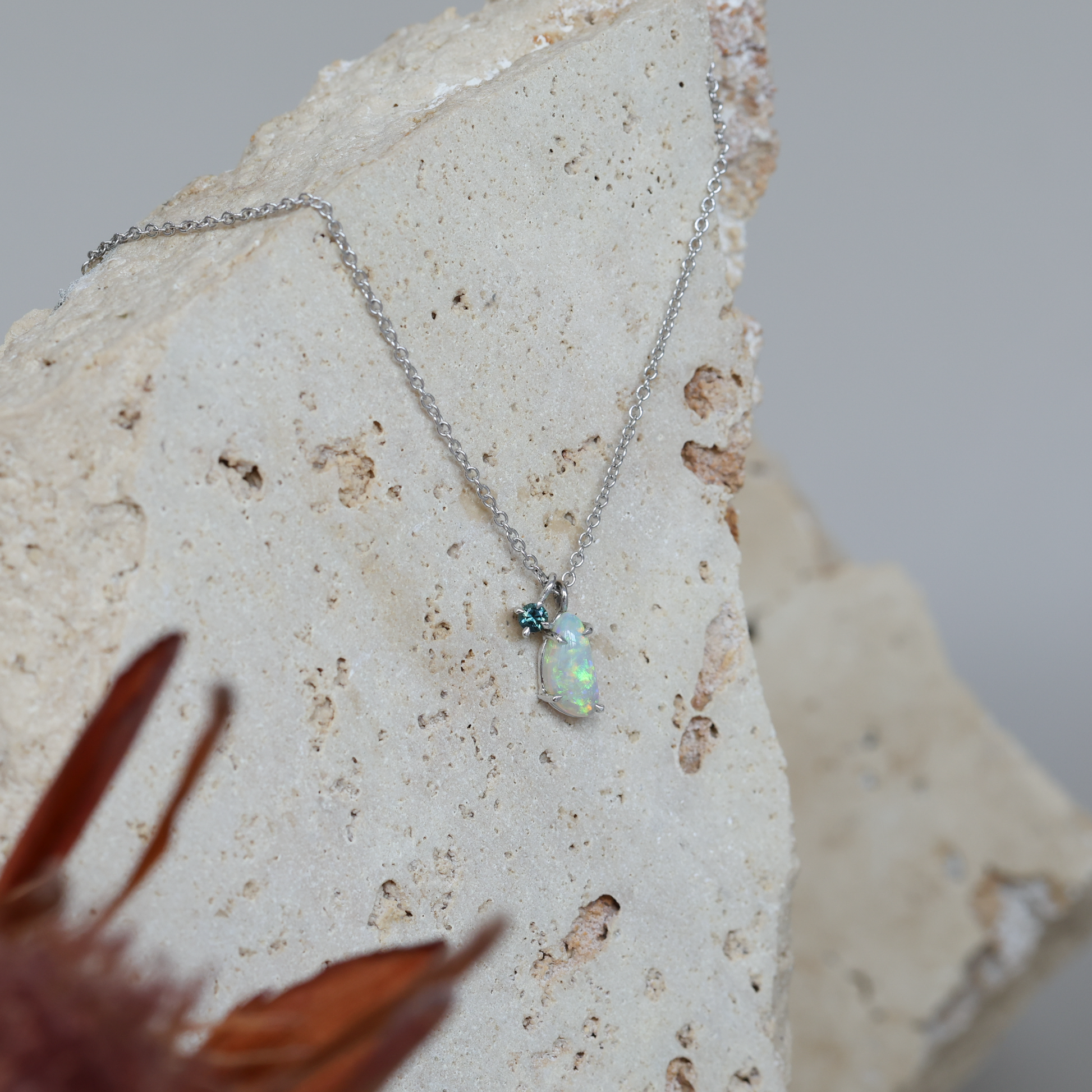 Freeform Opal & Teal Round Cut Sapphire necklace