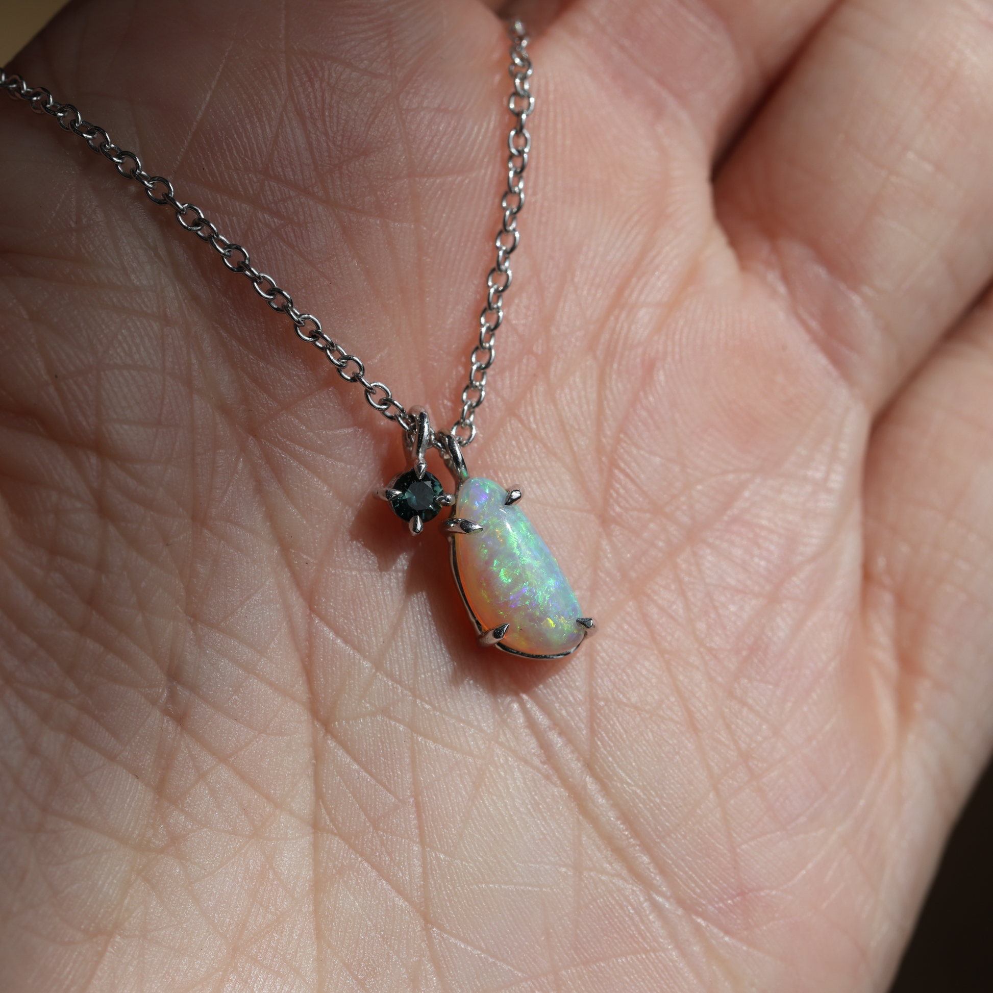 Freeform Opal & Teal Round Cut Sapphire necklace