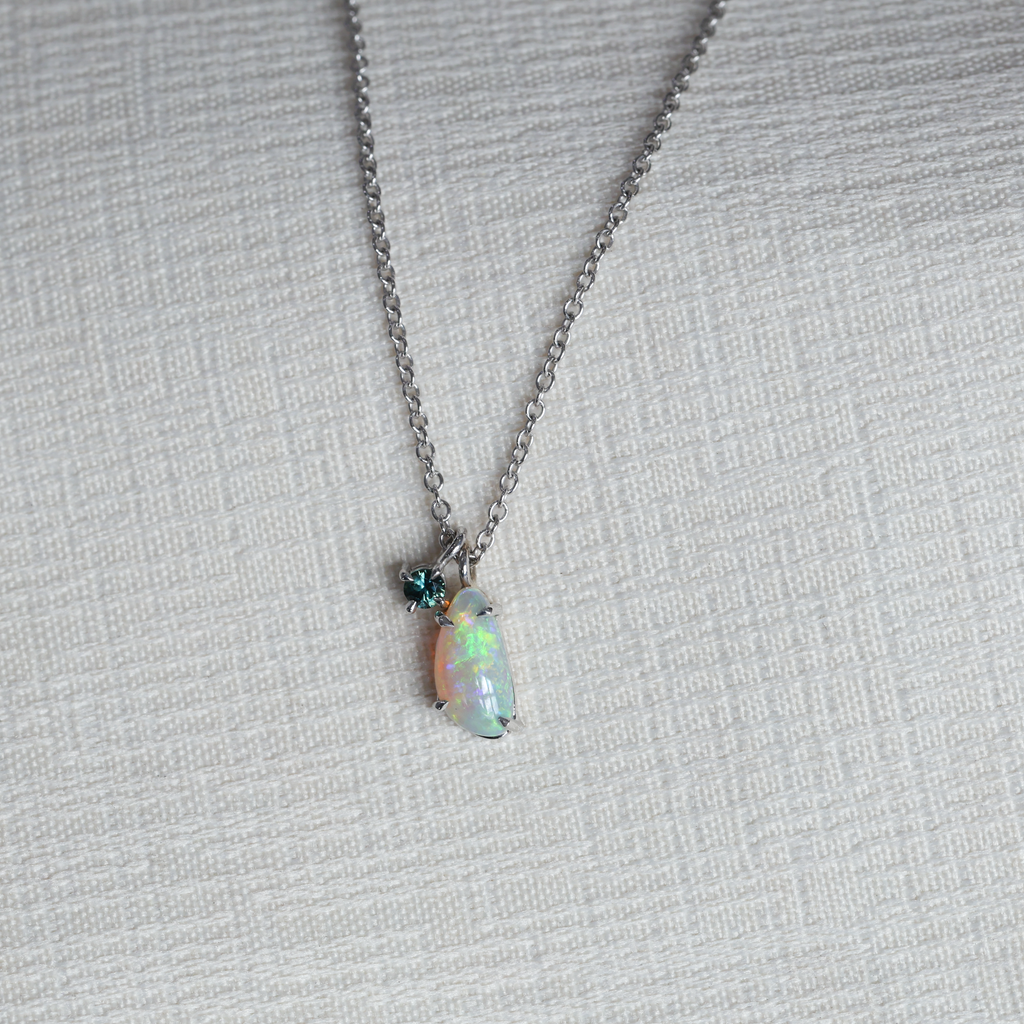 Freeform Opal & Teal Round Cut Sapphire necklace