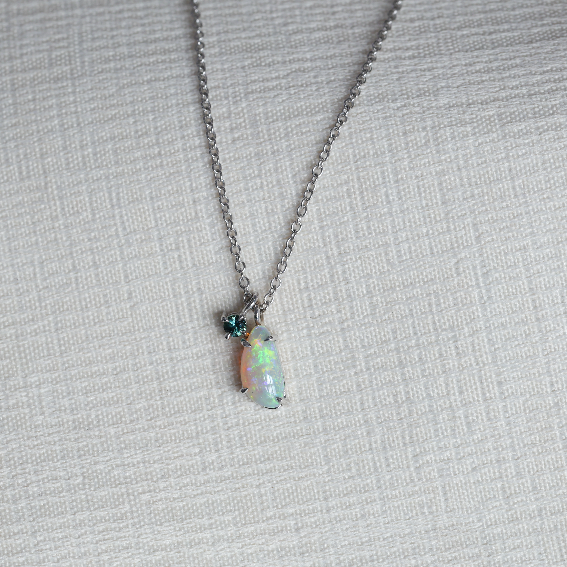 Freeform Opal & Teal Round Cut Sapphire necklace