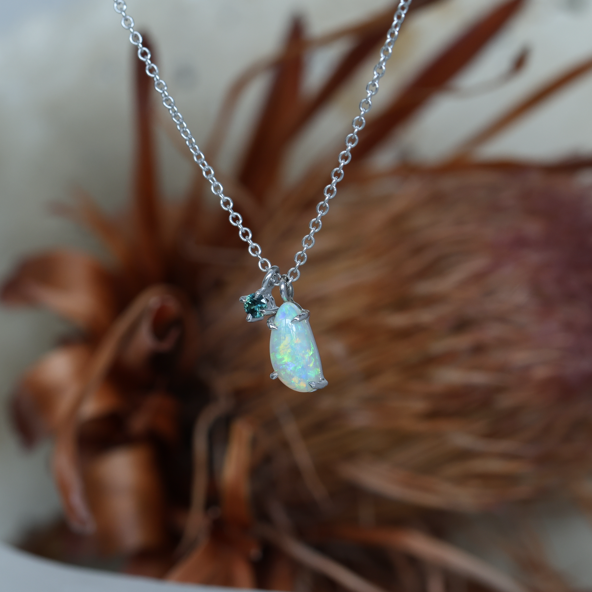 Freeform Opal & Teal Round Cut Sapphire necklace