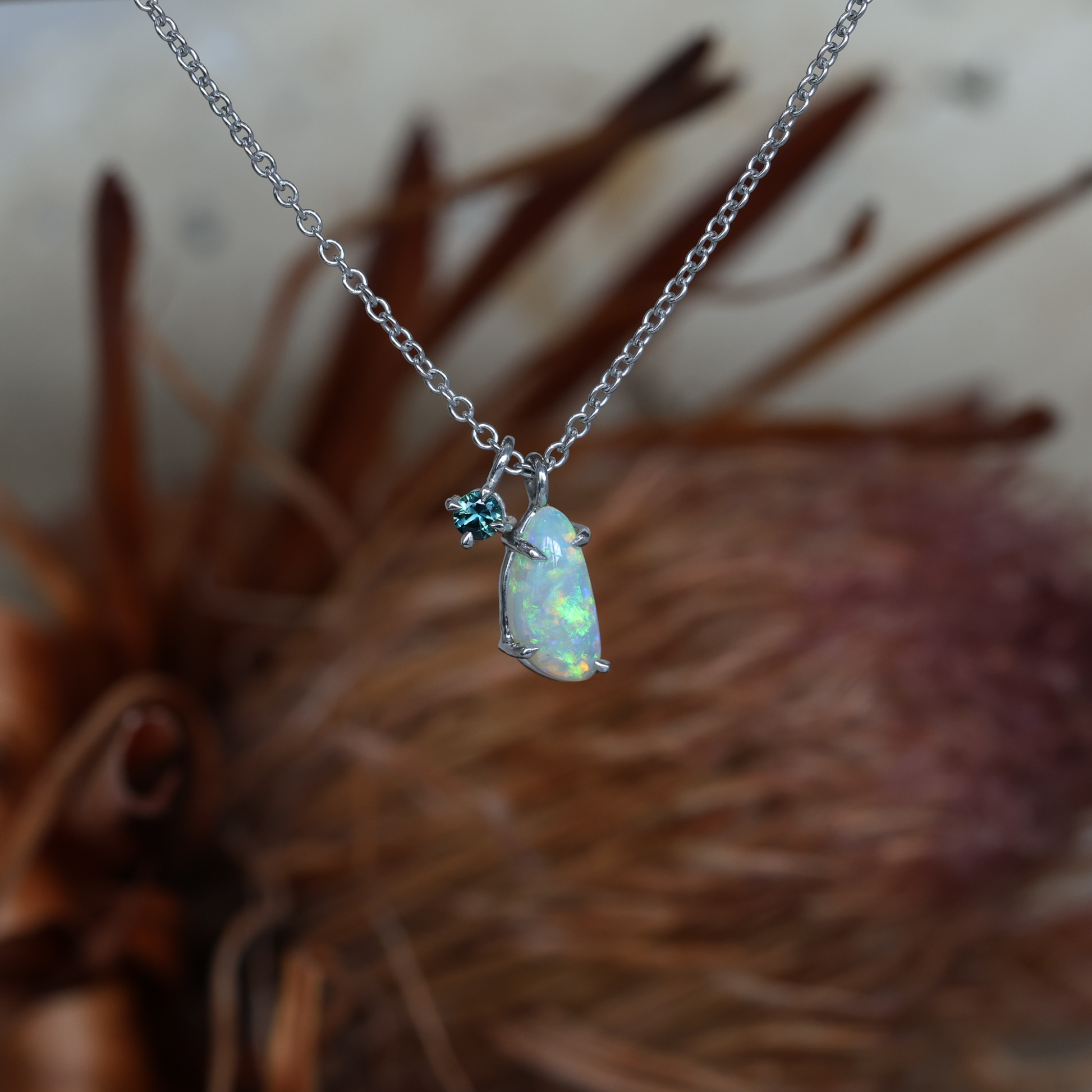 Freeform Opal from South Australia & a Teal Round Cut Sapphire necklace