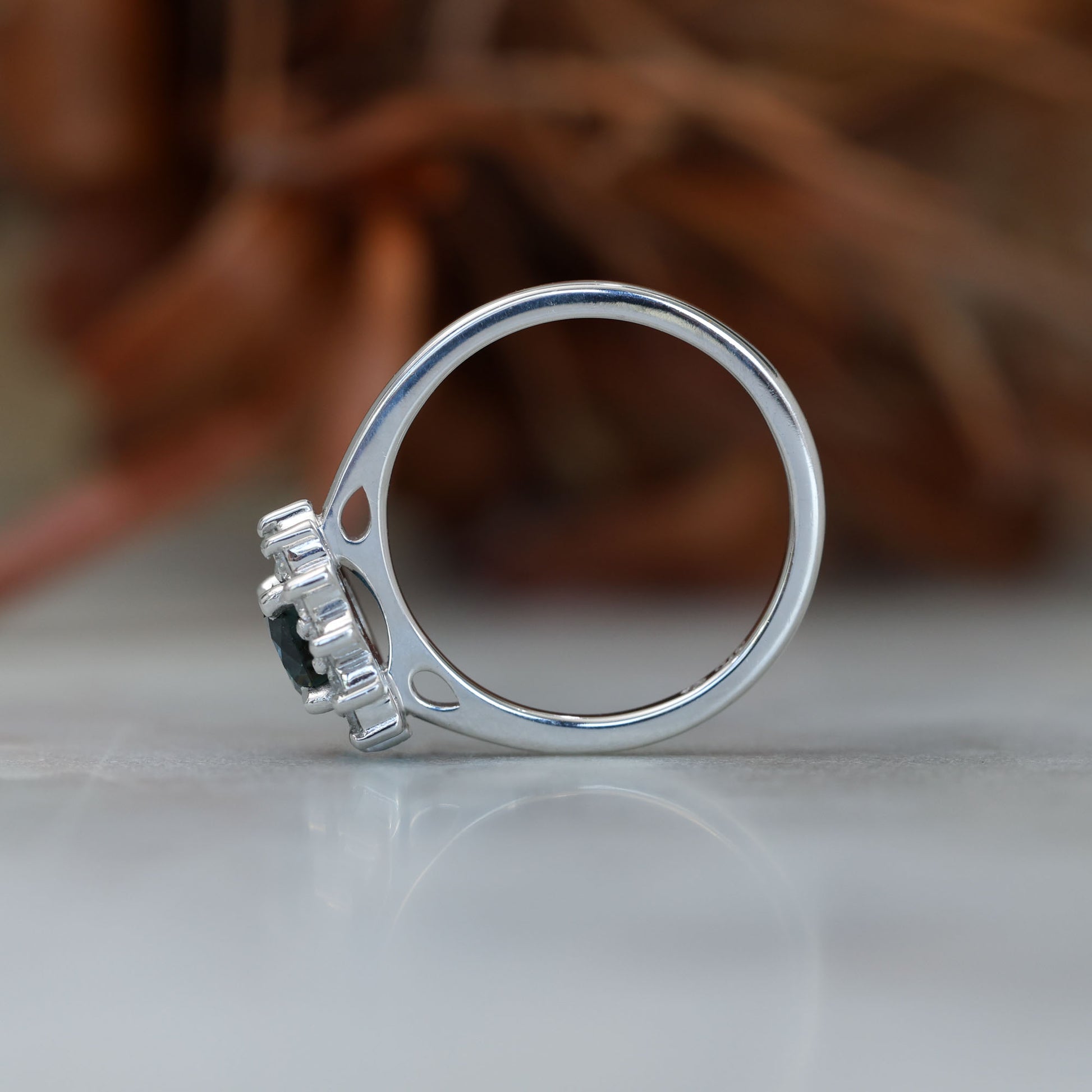 0.82ct Australian Parti Sapphire full diamond halo engagement side profile