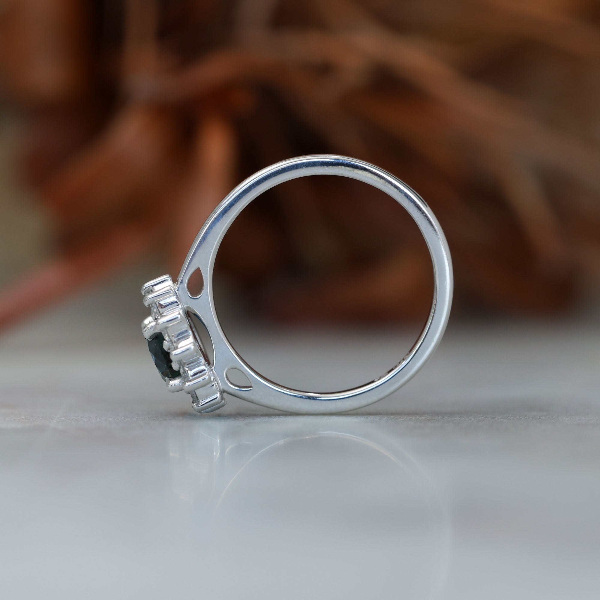 0.82ct Australian Parti Sapphire full diamond halo engagement side profile