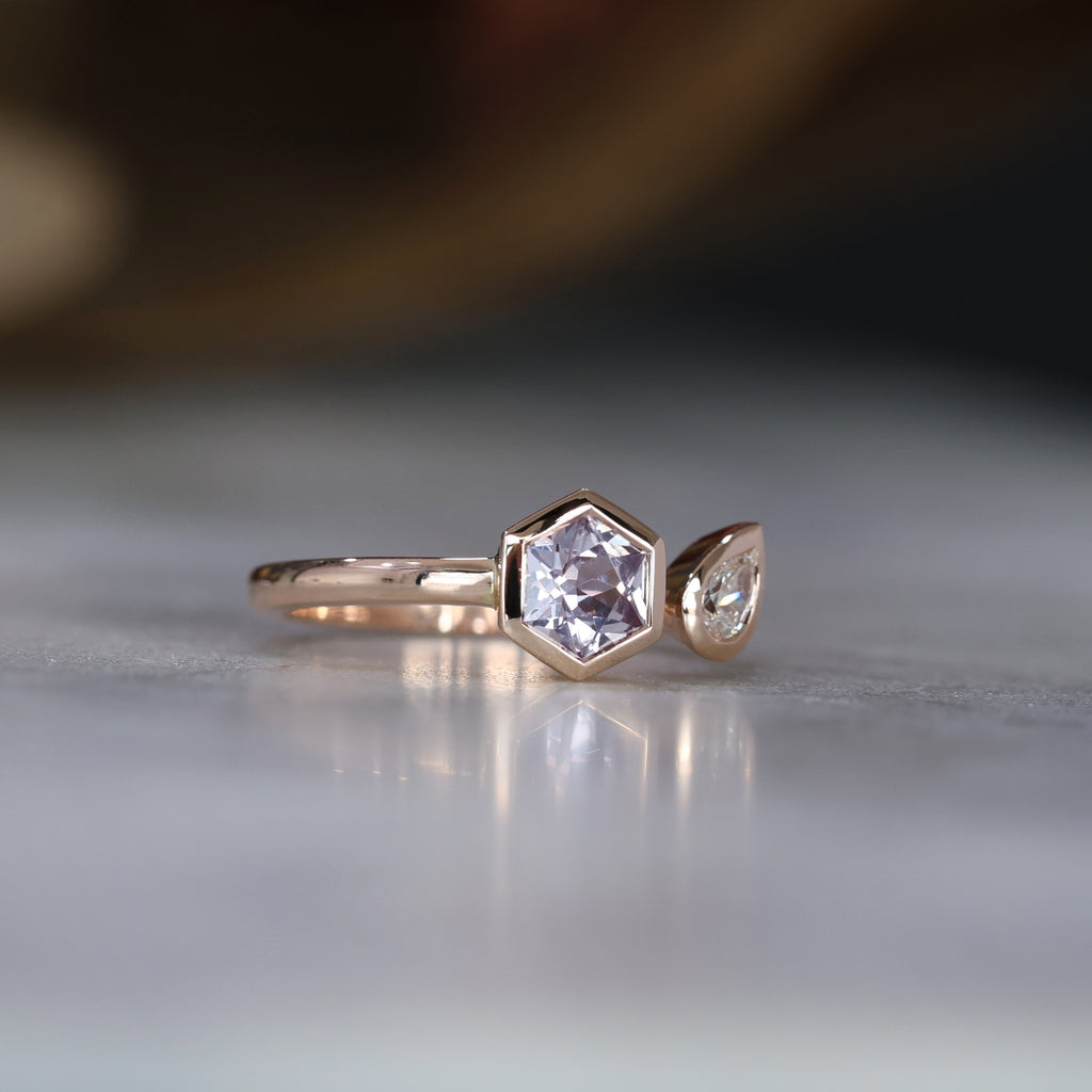 Lilac Hexagon and Pear Diamond engagement Ring