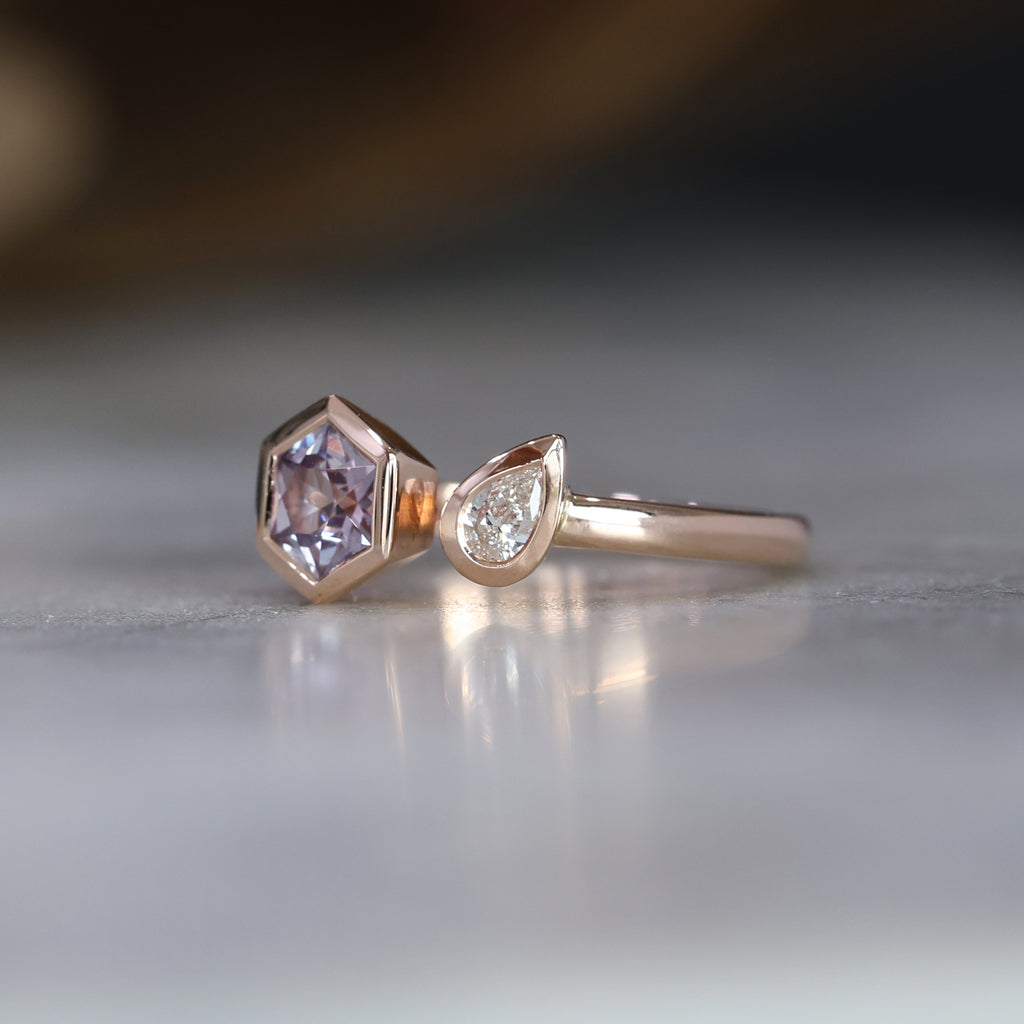 Lilac Hexagon and Pear Diamond engagement Ring