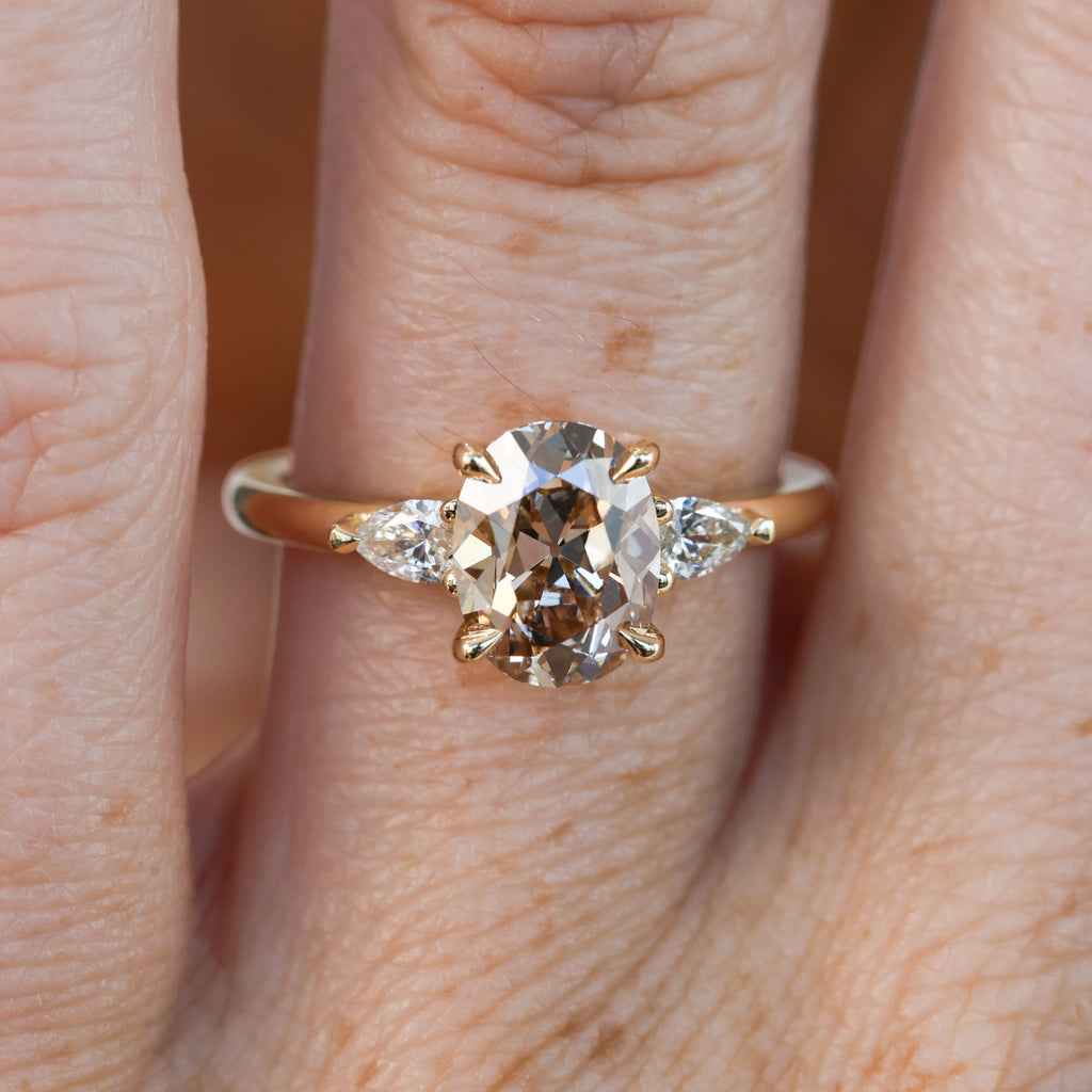 brown 1.86ct old mine cushion cut lab created diamond trilogy engagement ring yellow gold