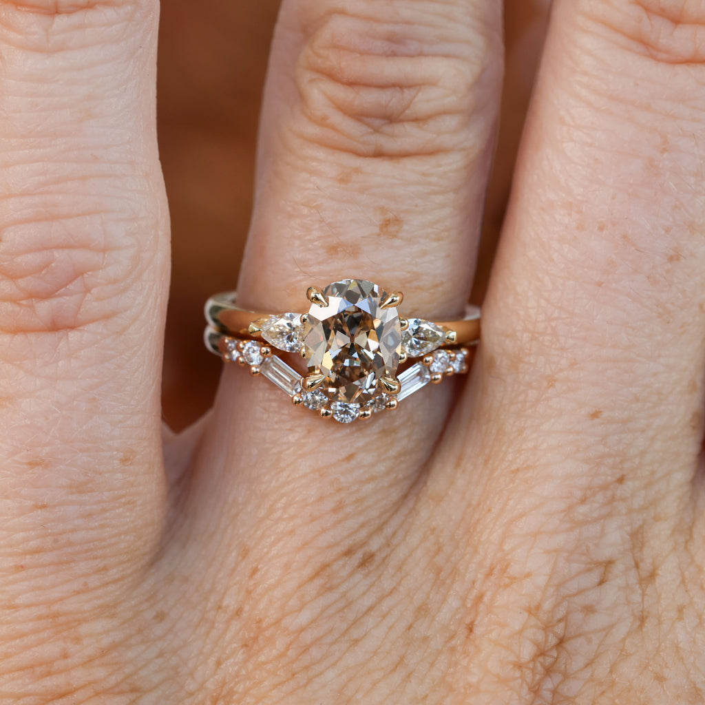 brown 1.86ct old mine cushion cut lab created diamond trilogy engagement ring yellow gold