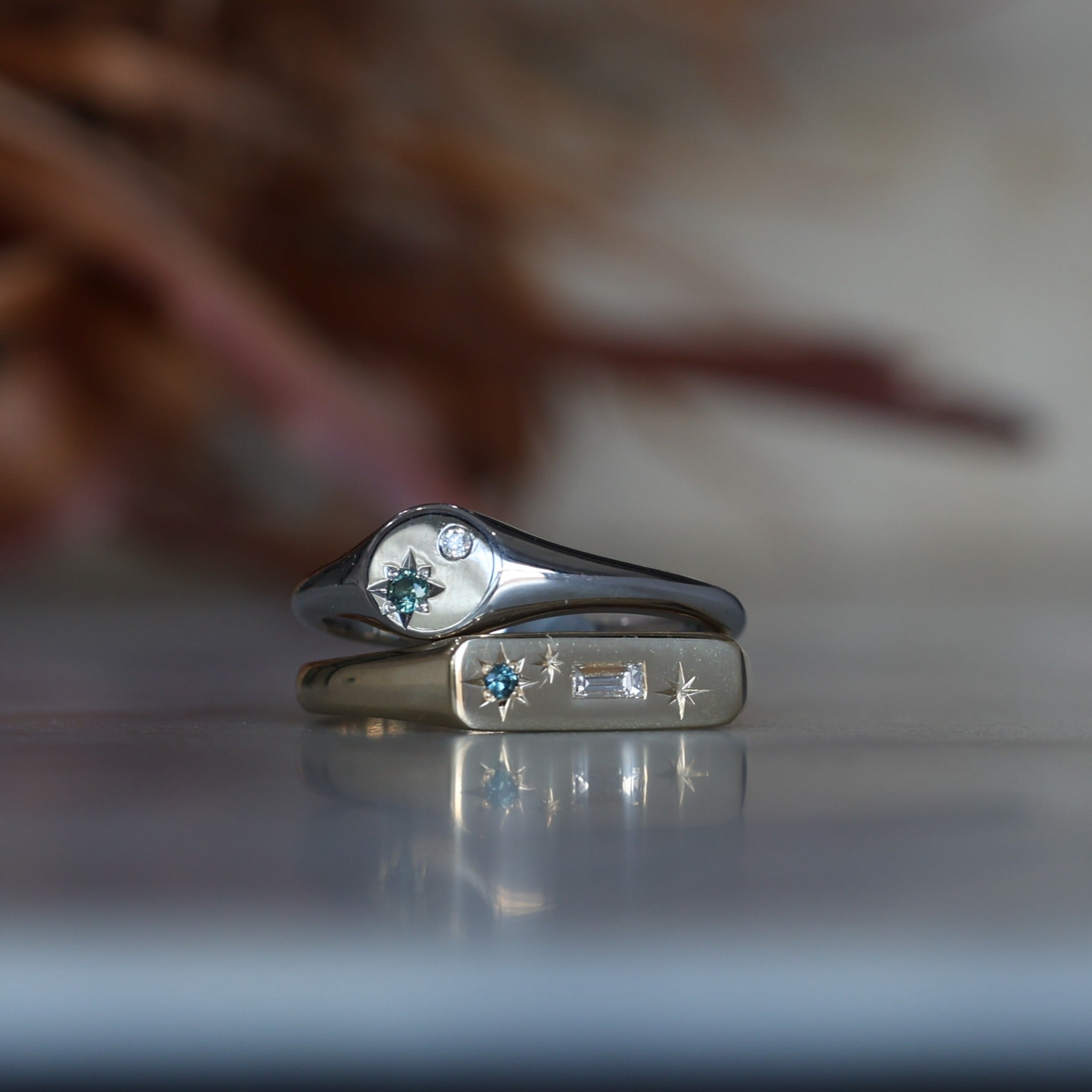 One Of a kind diamond and sapphire signet rings