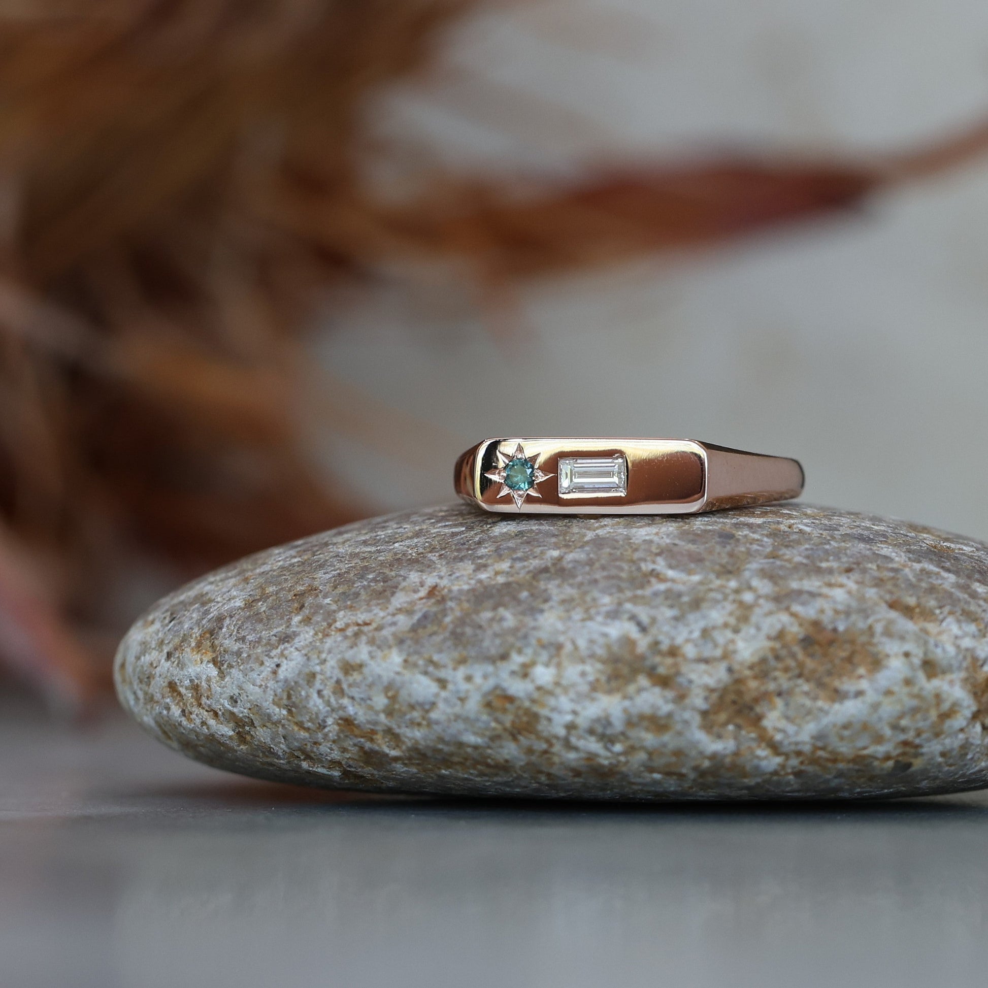Rose Gold Diamond and Sapphire bar signet ring