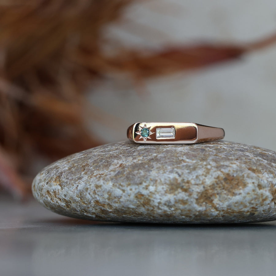 Rose Gold Diamond and Sapphire bar signet ring