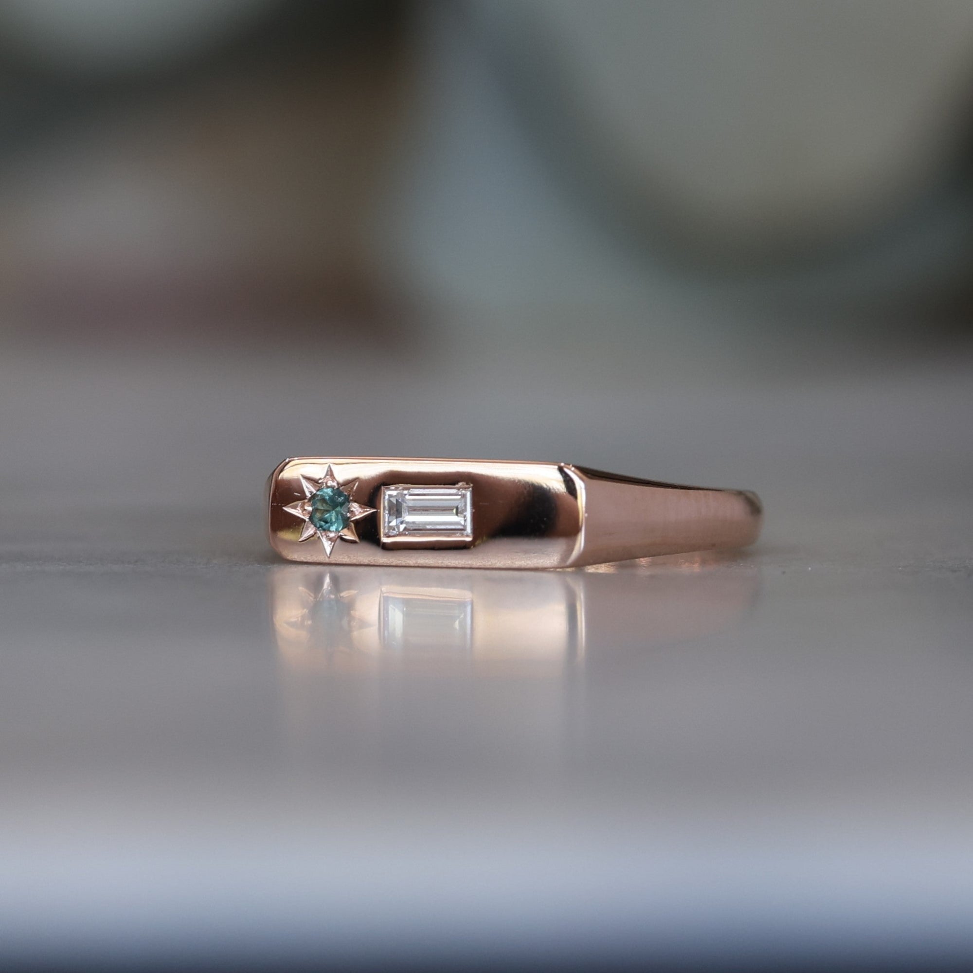 Rose Gold Diamond and Sapphire bar signet ring front