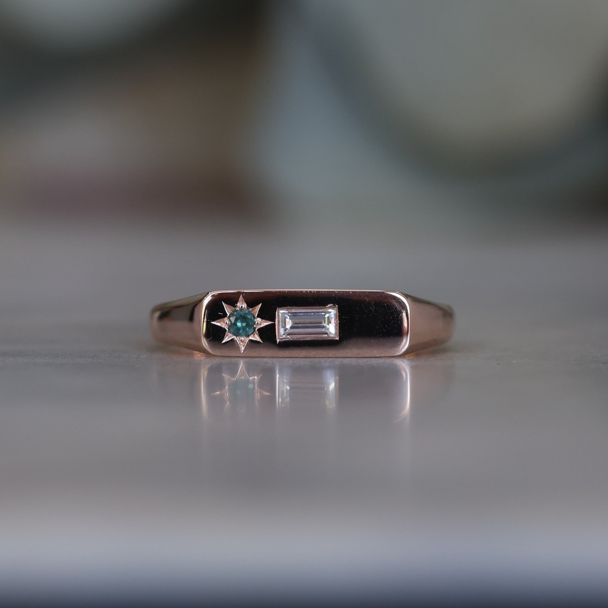 Rose Gold Diamond and Sapphire bar signet ring front view