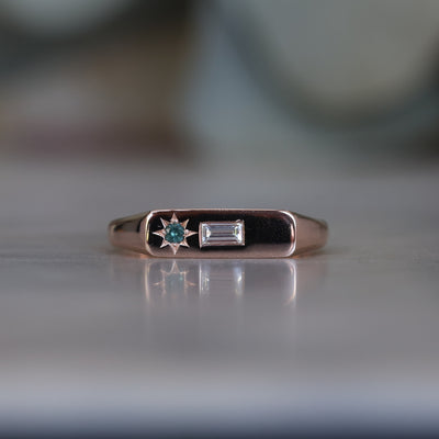 Rose Gold Diamond and Sapphire bar signet ring front view