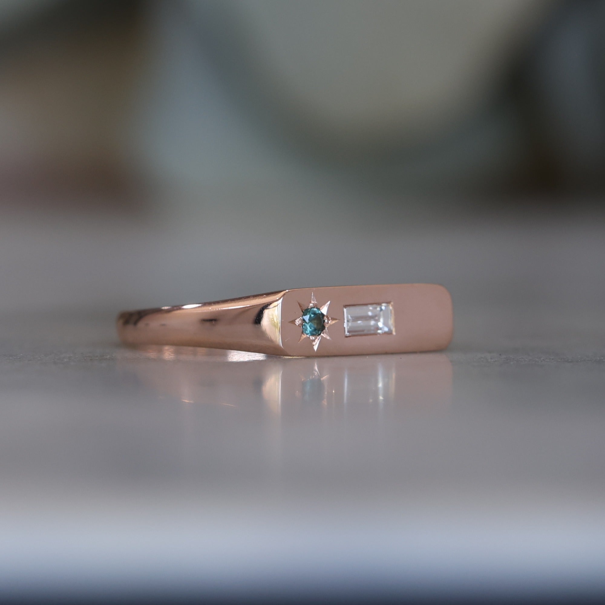 Rose Gold Diamond and Sapphire bar signet ring side profile