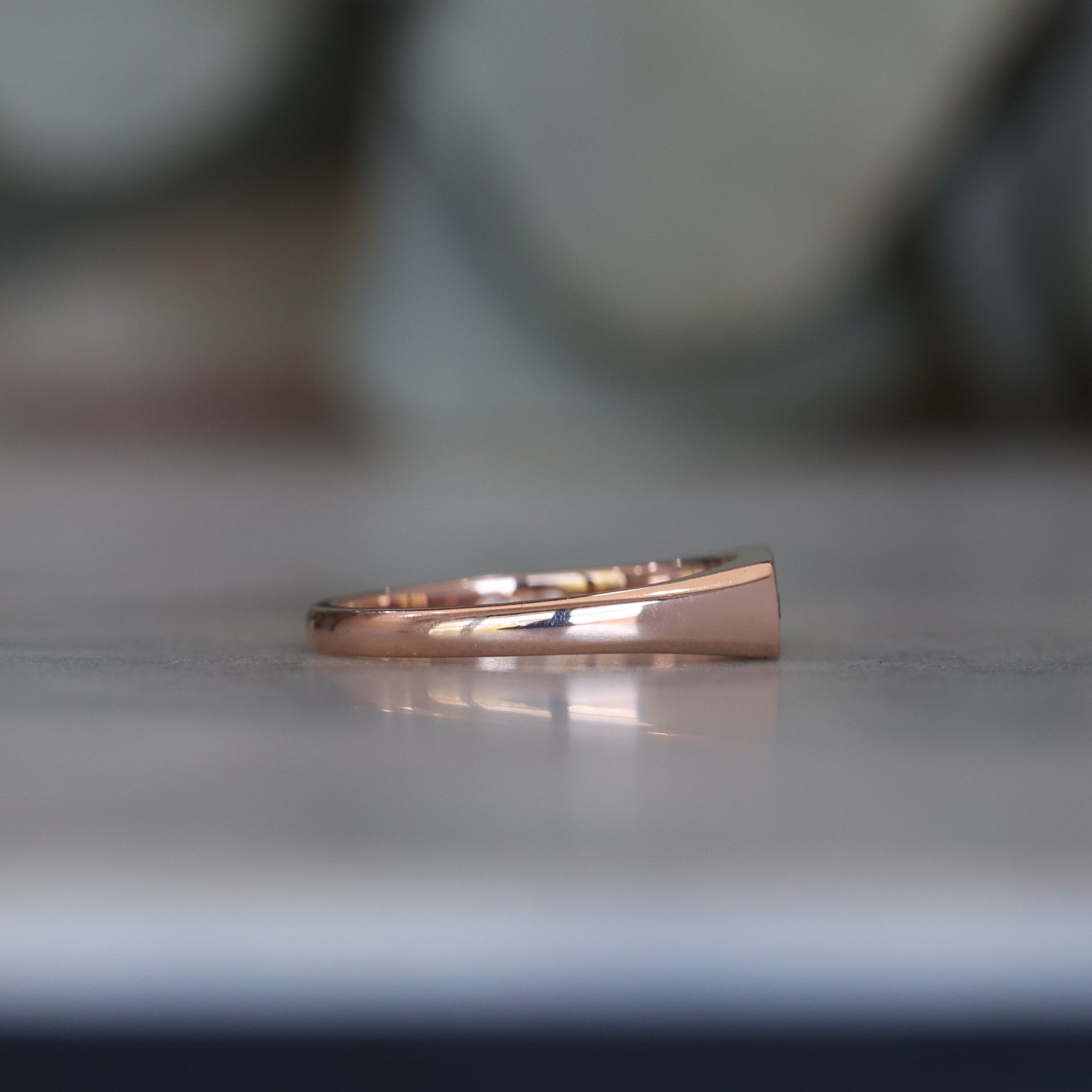 Rose Gold Diamond and Sapphire bar signet ring side profile view