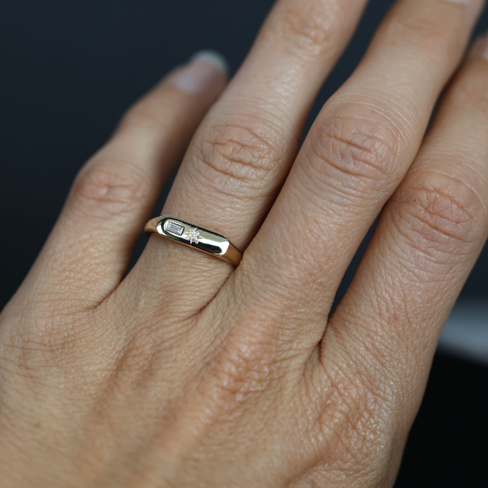 STAR SET DIAMOND BAR SIGNET ring on hand