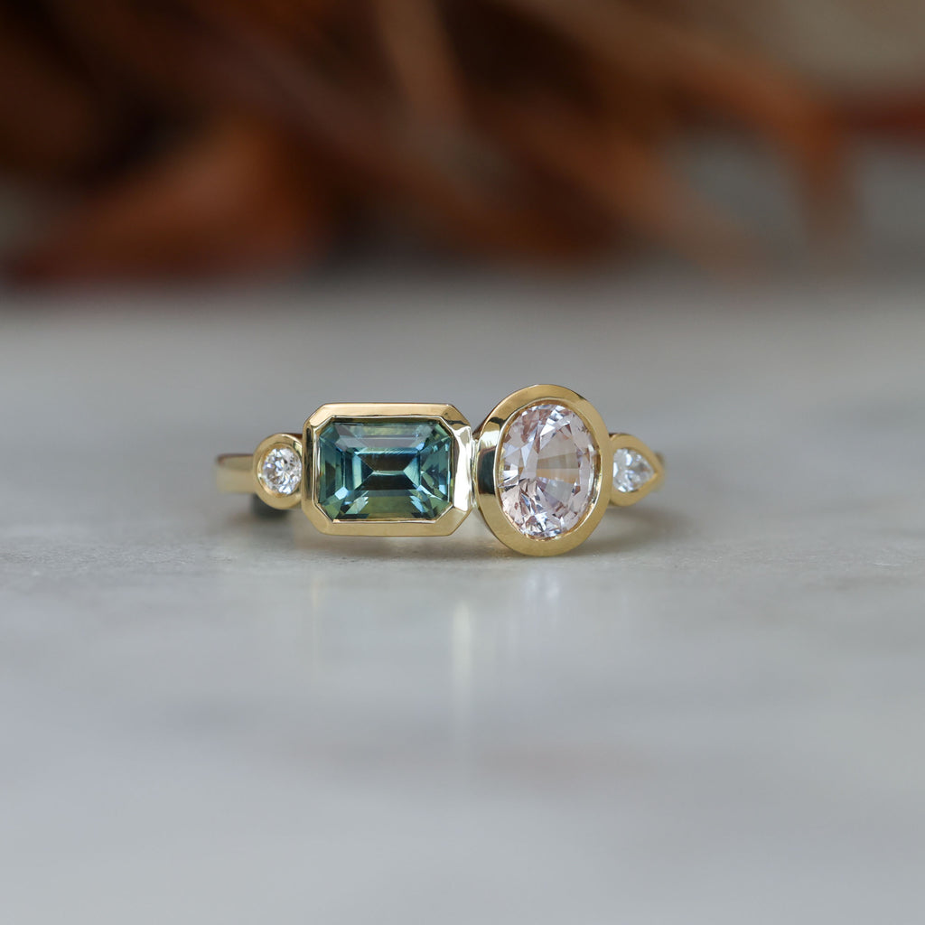 Sapphire and diamond asymmetric cluster ring, crafted in 18ct yellow gold