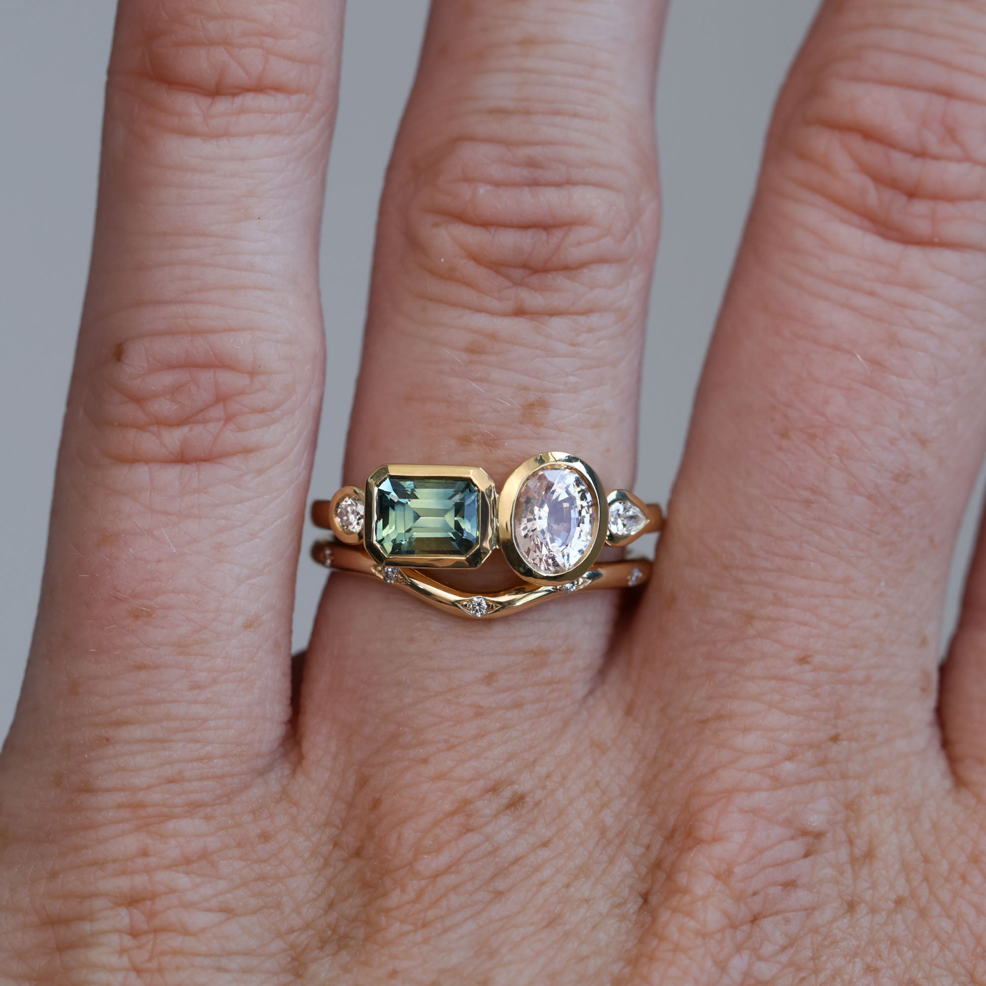 Sapphire and diamond asymmetric cluster ring, crafted in 18ct yellow gold