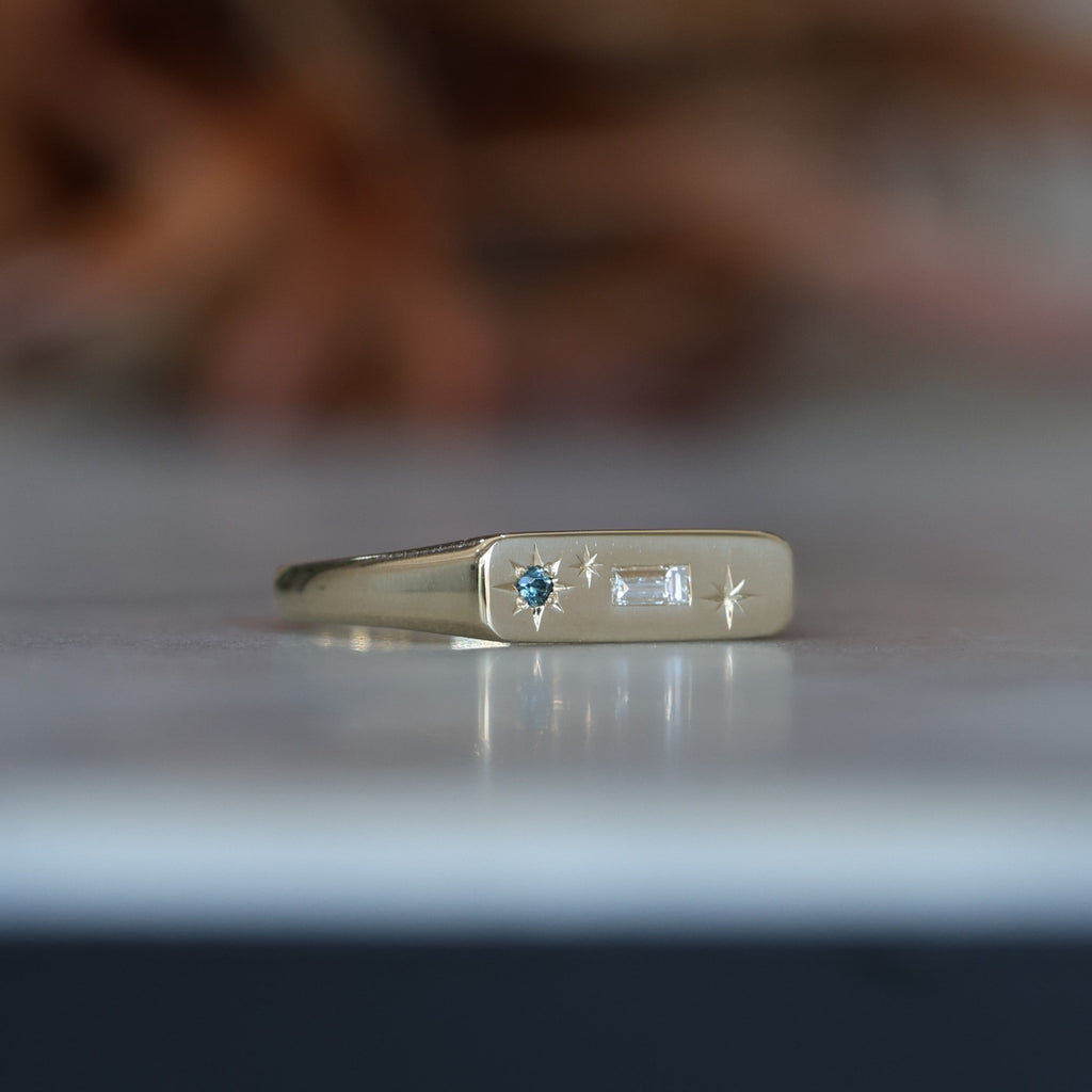 Star Design Diamond & Sapphire bar signet ring.
