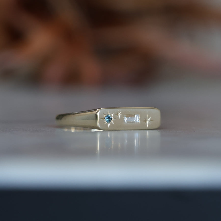 Star Design Diamond & Sapphire bar signet ring.