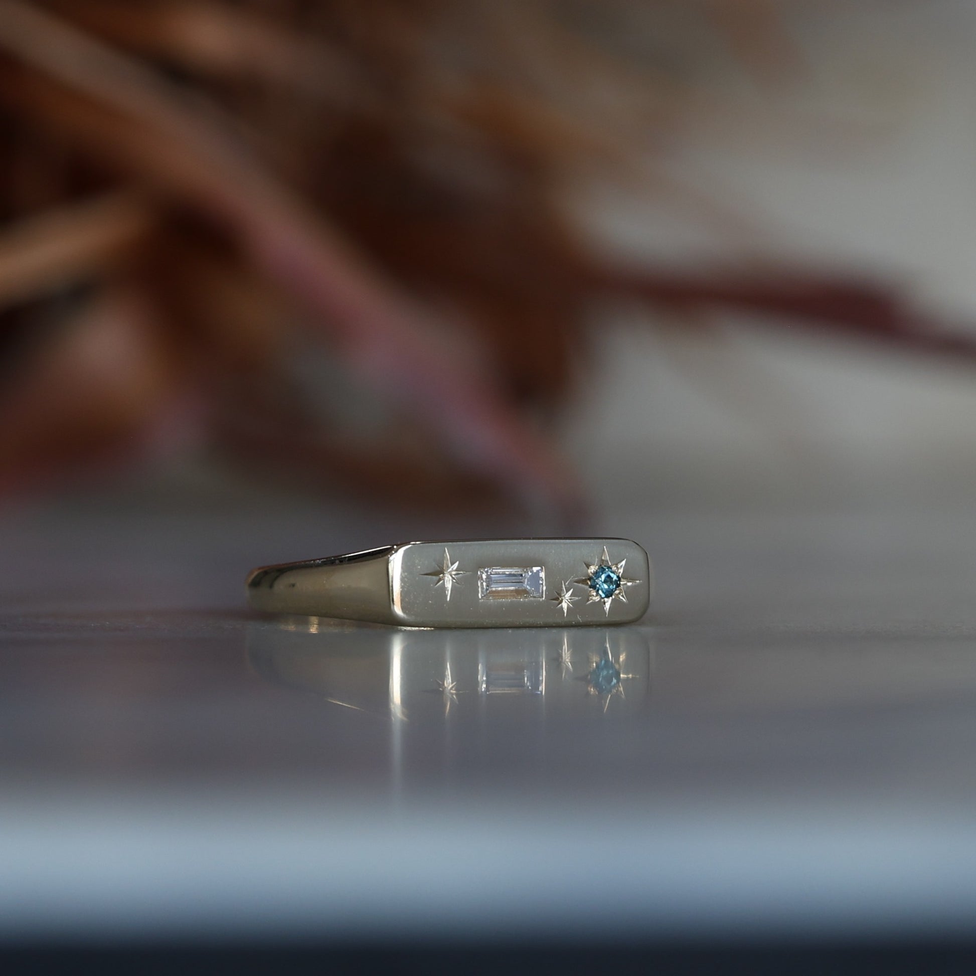 Star Design Diamond & Sapphire bar signet ring front