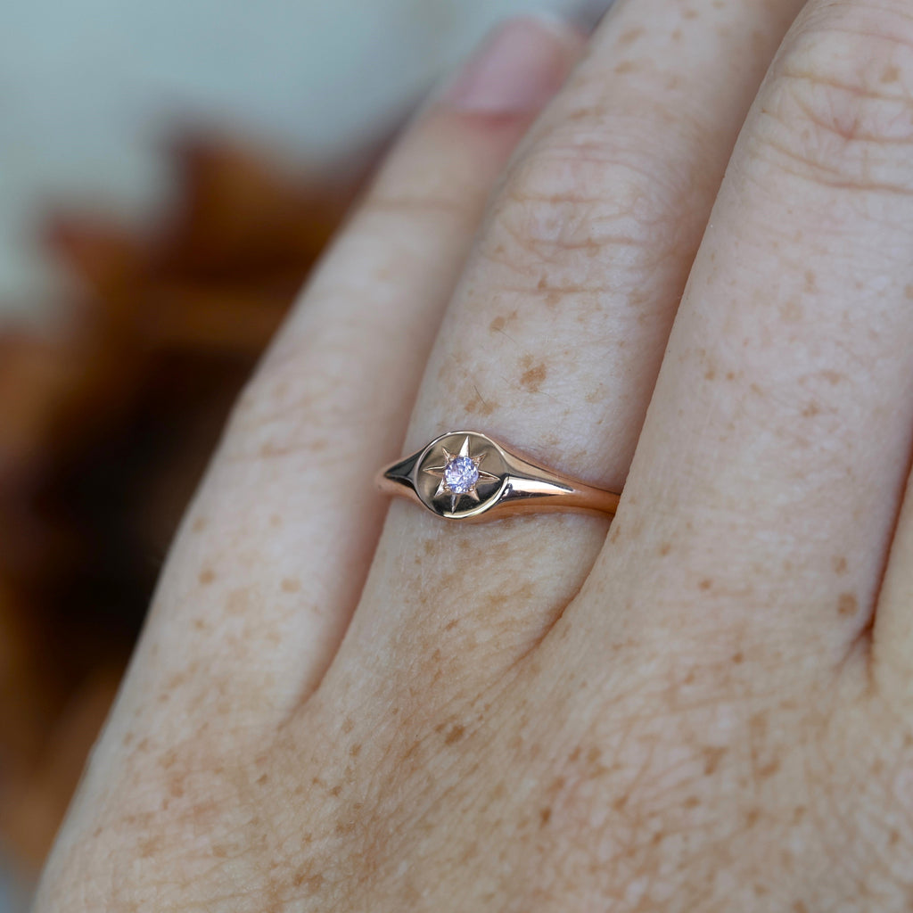 Star Set Pink Sapphire Signet Ring on hand
