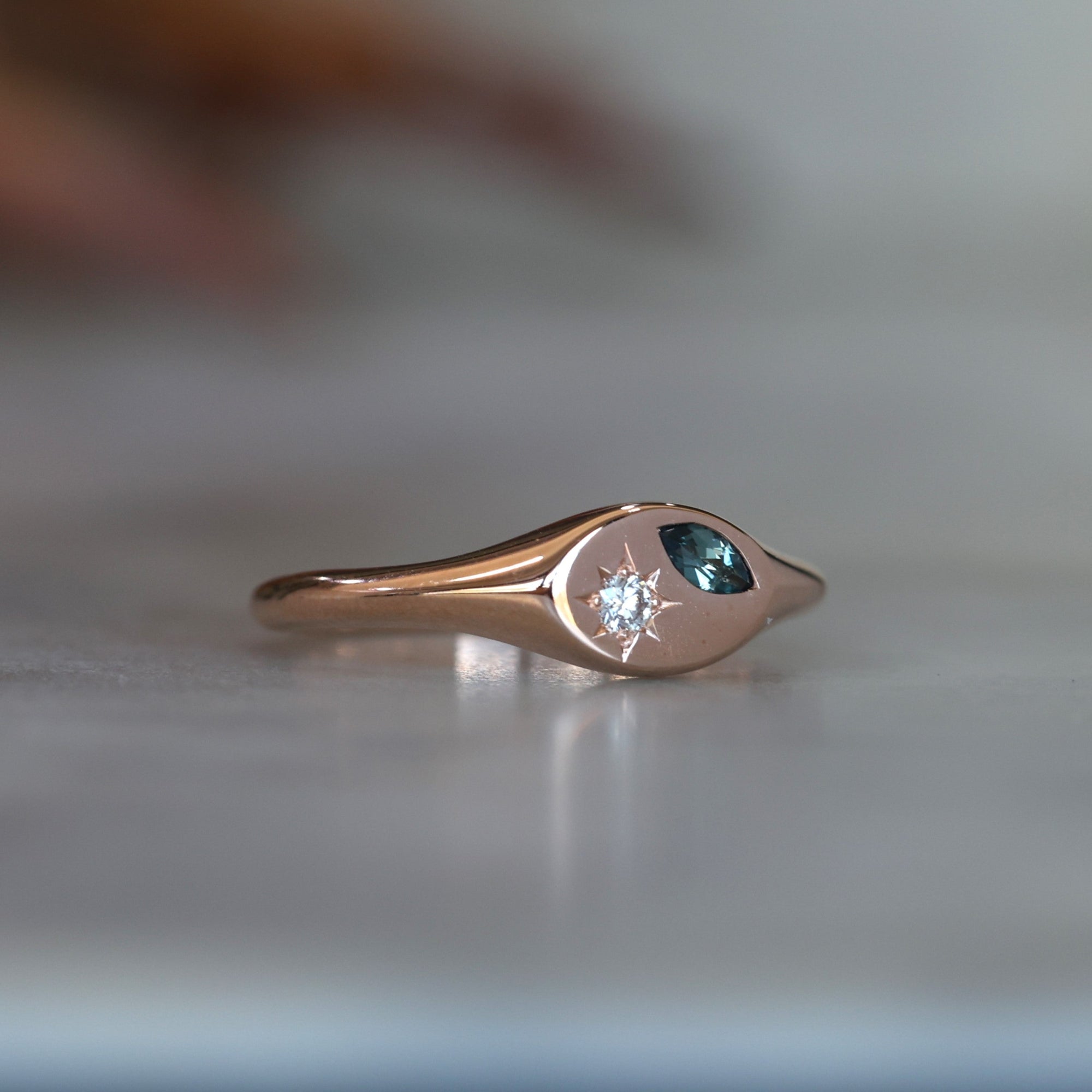 Star Set Sapphire and Diamond Signet Ring rose gold