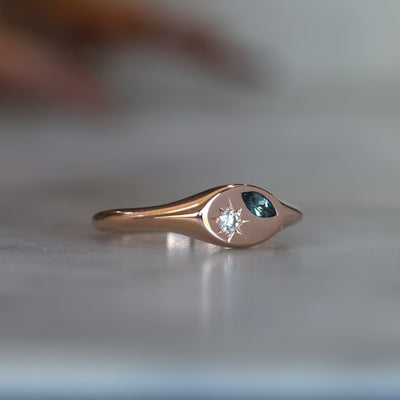 Star Set Sapphire and Diamond Signet Ring rose gold