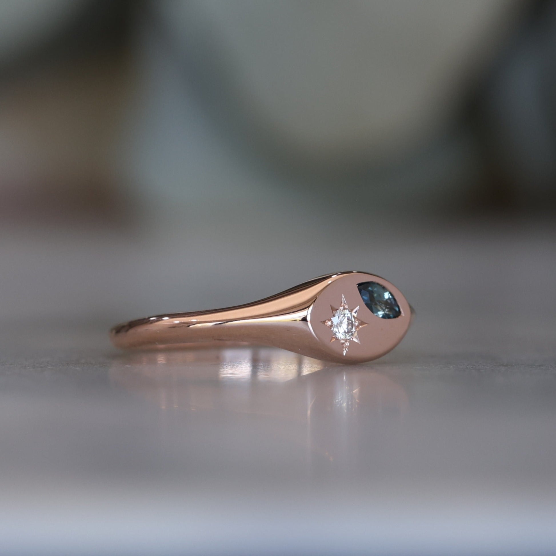 Star Set Sapphire and Diamond Signet Ring rose gold side view