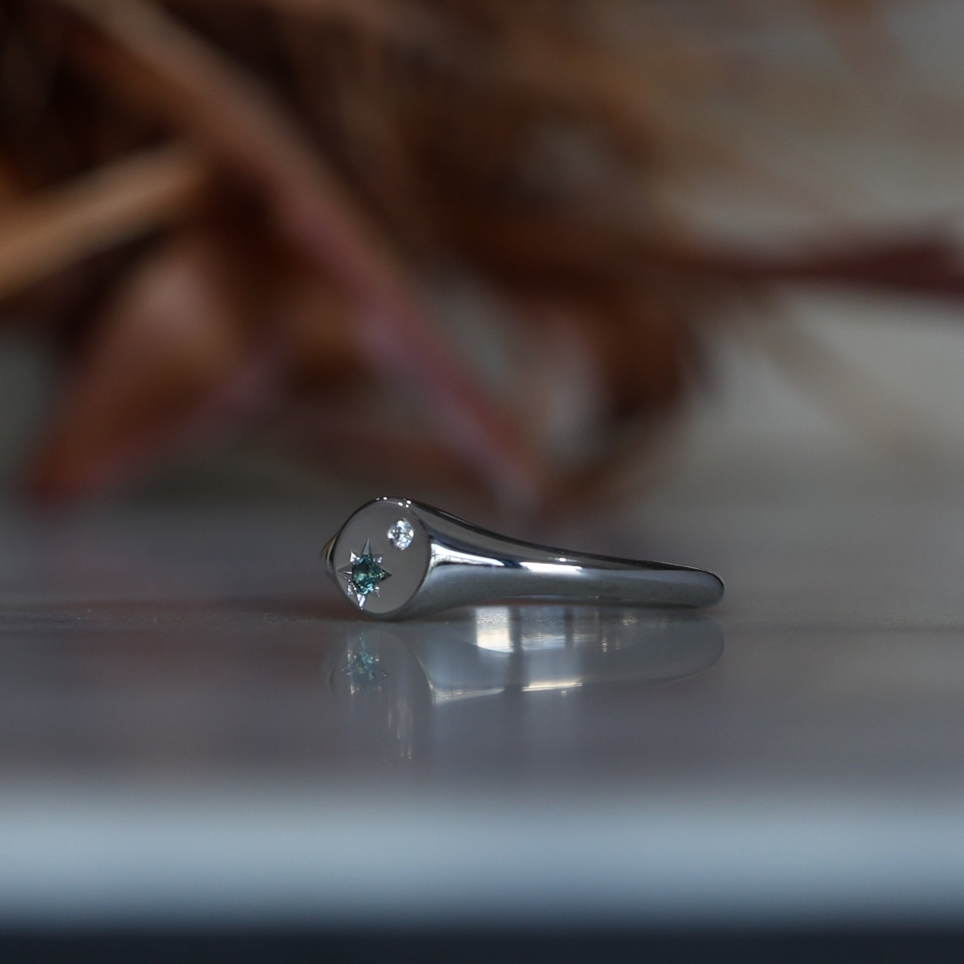 Star Set Sapphire and Diamond Signet Ring side