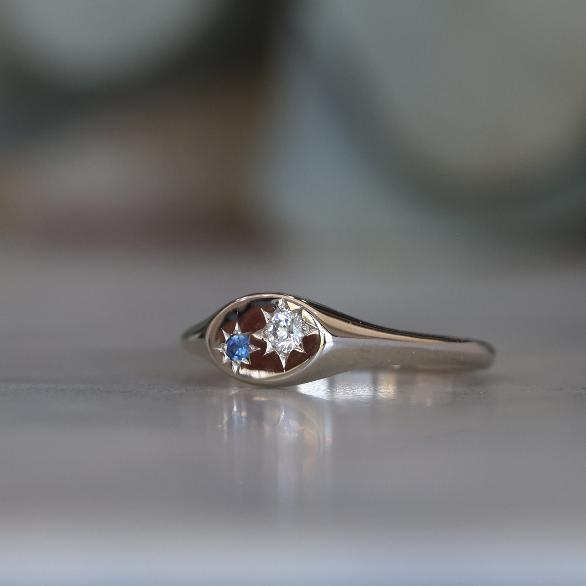 White Gold Star Set Sapphire and Diamond Signet Ring front view