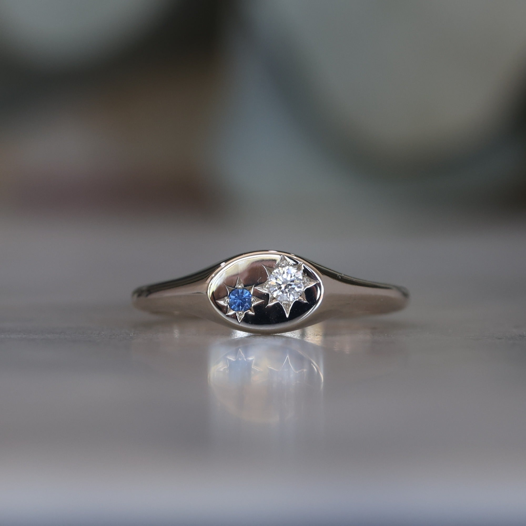 White Gold Star Set Sapphire and Diamond Signet Ring front view