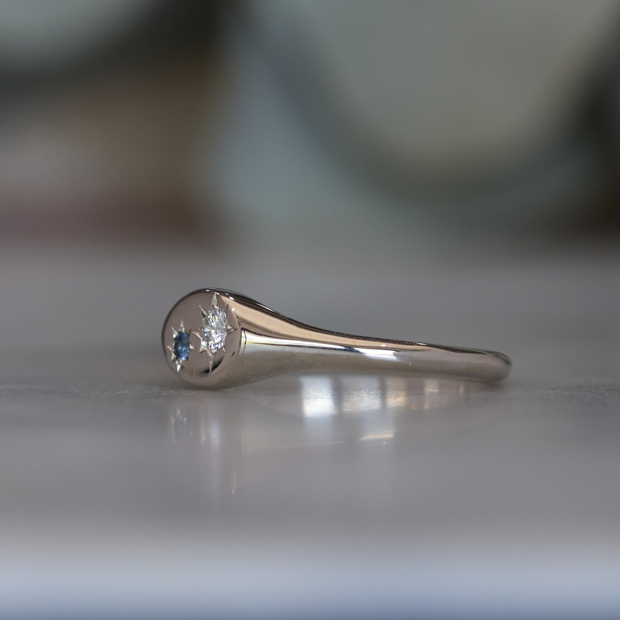 White Gold Star Set Sapphire and Diamond Signet Ring side