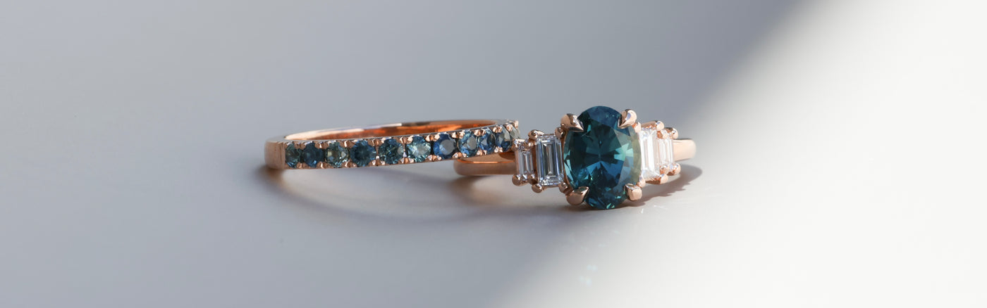 custom australian sapphire engagement ring with wedding band, crafted in Sydney